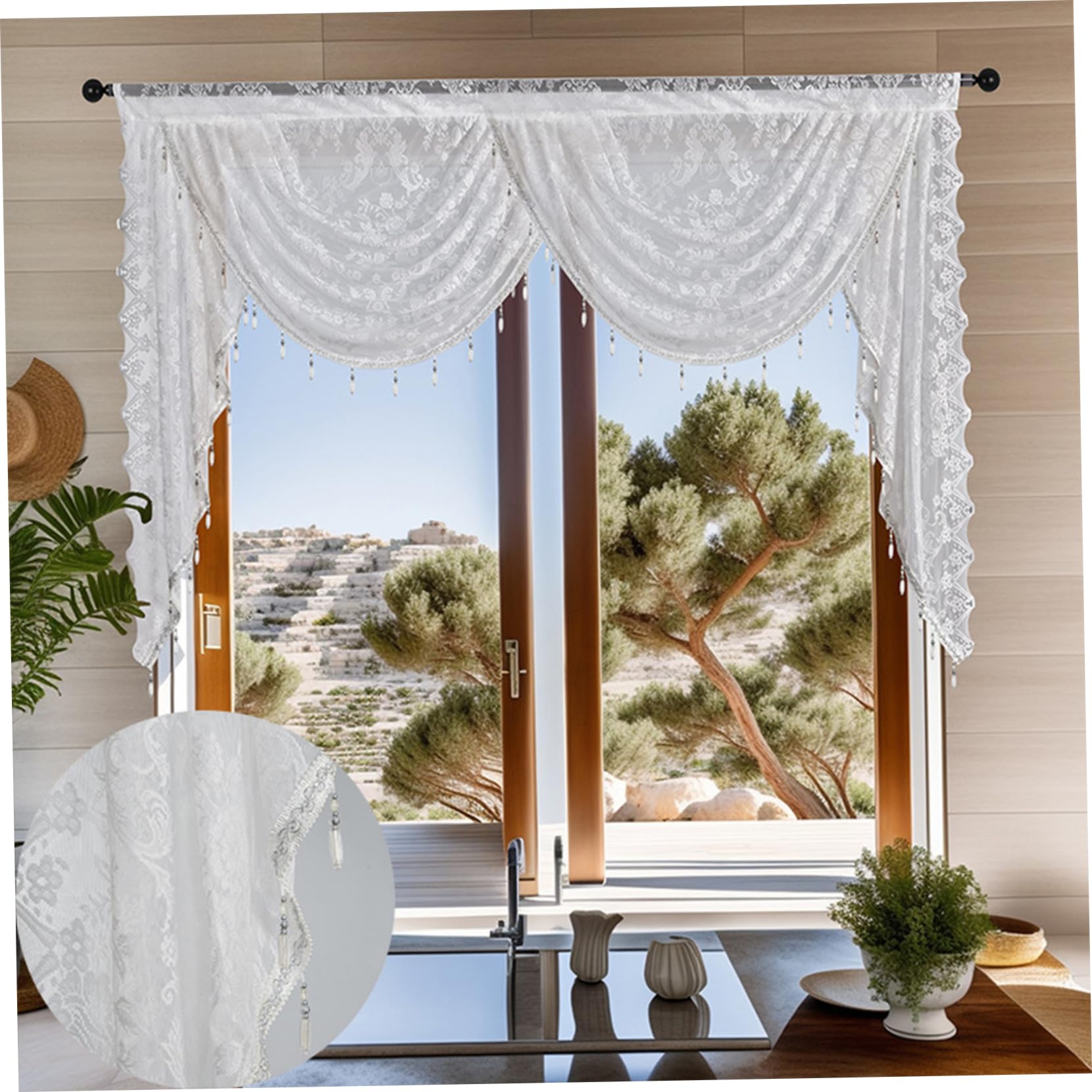 Rideaux à Volants en Cascade 59x41 Pouces cantonnière à Volants en Cascade avec Passe-Tringle cantonnière perlée avec Bords en Dentelle pour fenêtre de Cuisine