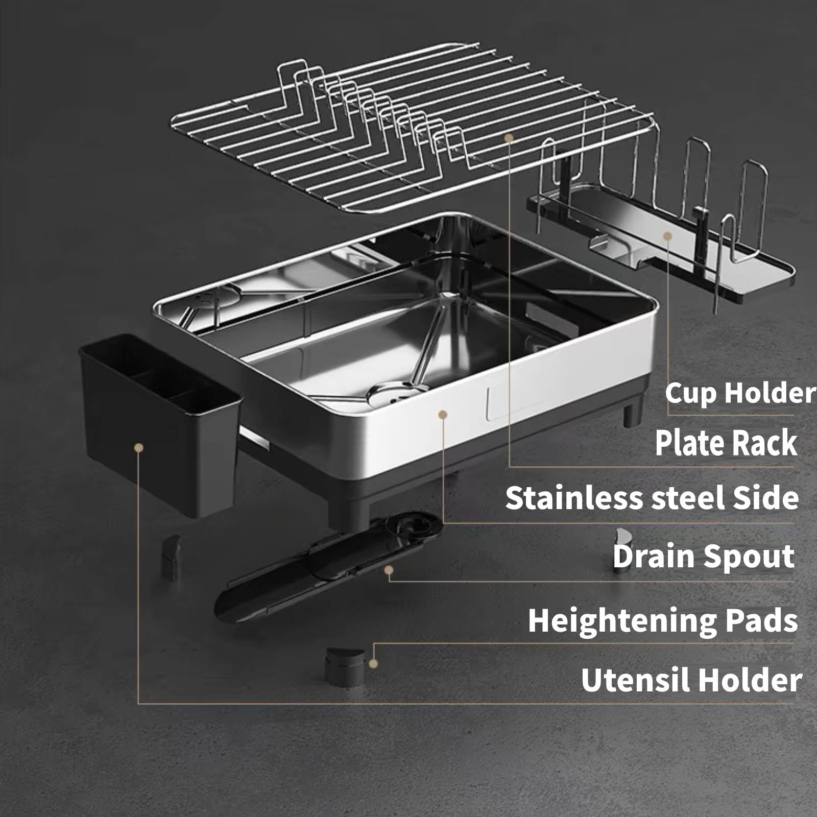 Escurridor grande de acero inoxidable, escurridor de platos de cocina con boquilla giratoria, soporte para copas de vino, soporte para utensilios, escurridores de platos que ahorran espacio