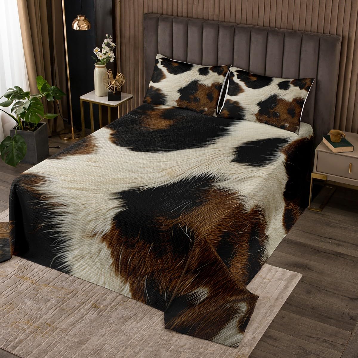 Homewish Couvre-Lit 170x230 Peau de Vache avec 1 Taie d'oreiller, Dessus de Lit Adulte Fourrure de Vache, Couverture de Lit Peau d'animal de Ferme, Jetés de Lit Rustique