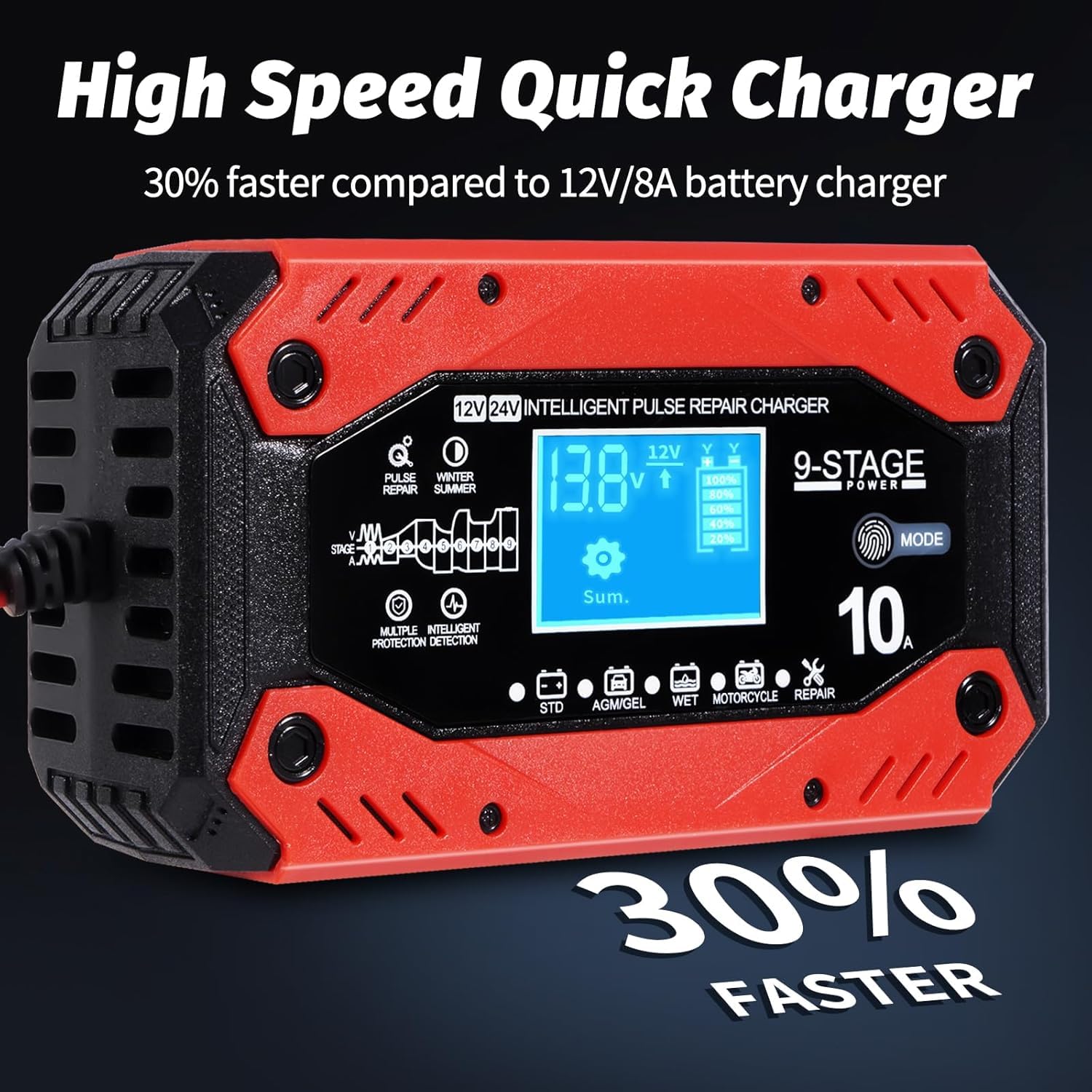 Ładowarka do akumulatorów samochodowych i motocyklowych, 12V 10A/24V 5A Ładowarka samochodowa Wiele zabezpieczeń Ładowarka motocyklowa z ekranem dotykowym LCD do AGM/Żel/EFB