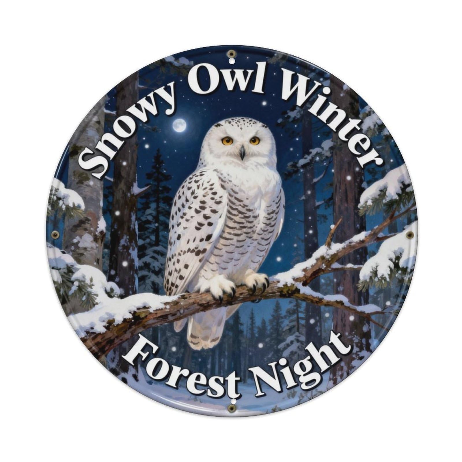 Snowy Owl Winter Forest Night Metal Tin Sign Plaque