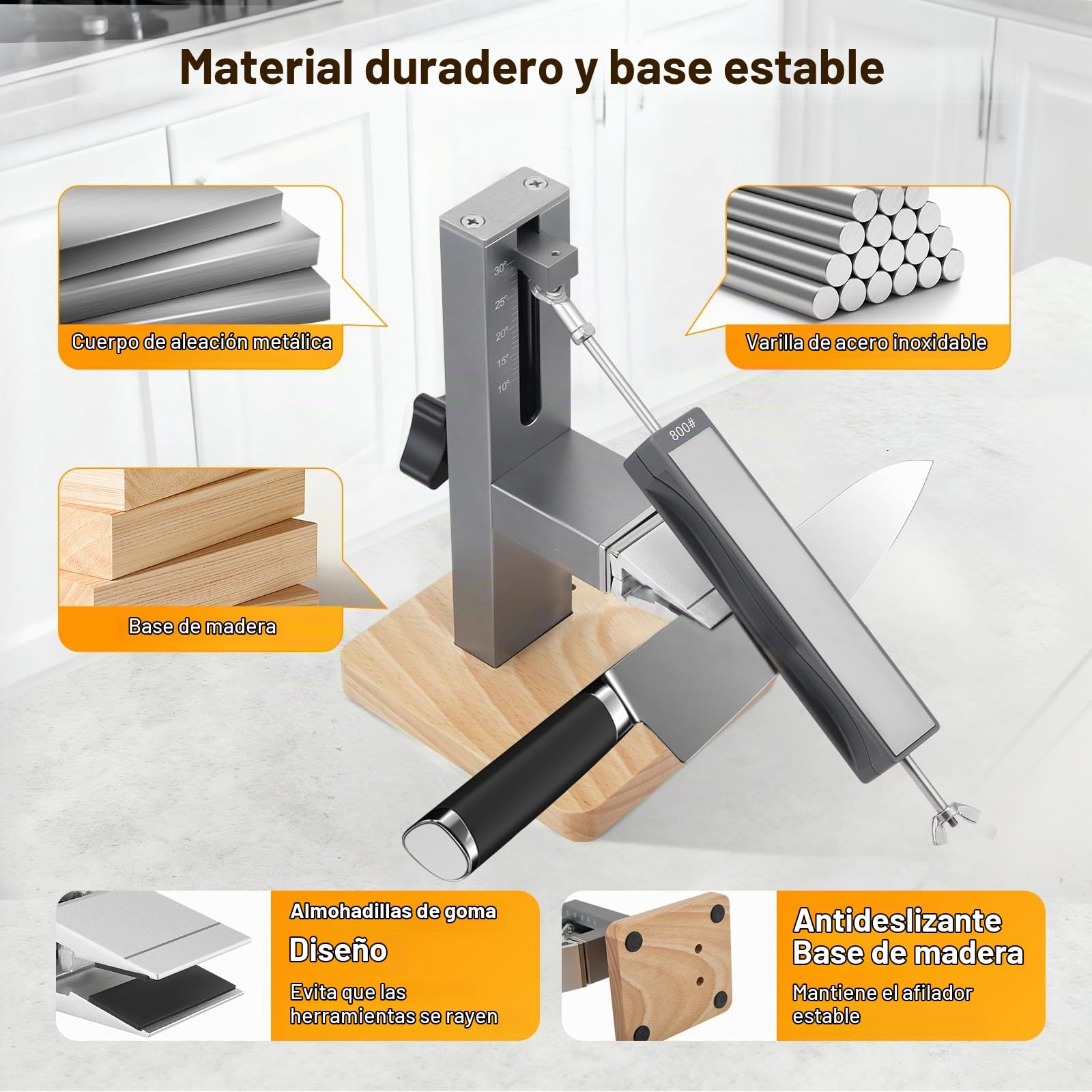 Afilador de Cuchillos de Cocina Profesional Manual con ngulo Ajustable 10-30°, Afilador Manual de Diamante - Set de Sistema de Afilado con 2 Bloques de Diamante de Doble Cara