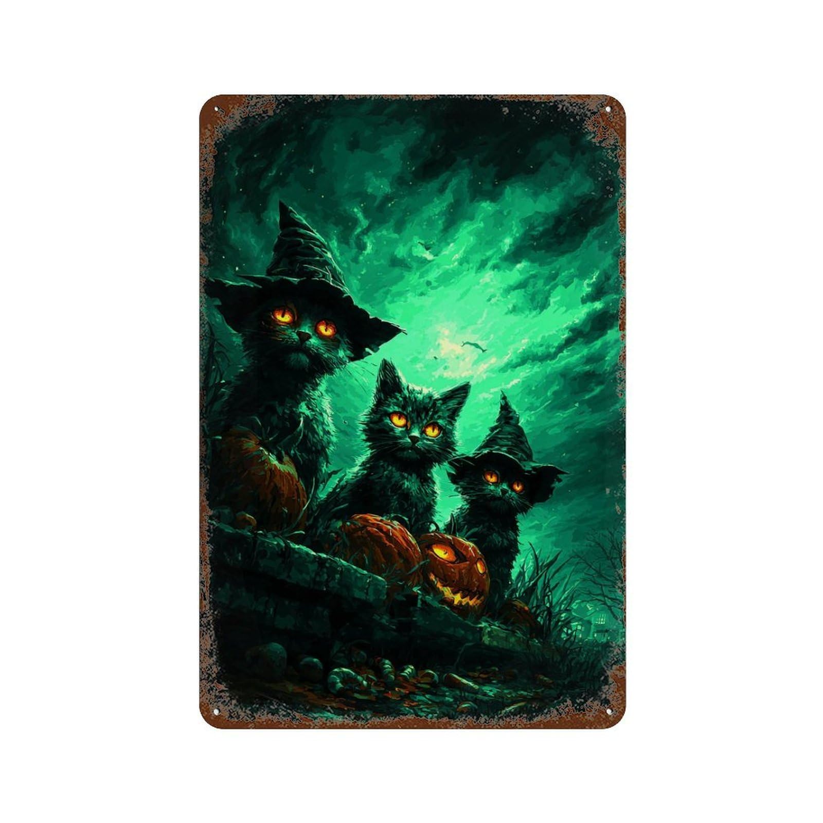 Rust Effect Halloween Cats with Pumpkins-3 Rustic Tin Plaque 11.8"x7.9", Shabby Chic Decor for Basement, Hobby Room And Garage Decor