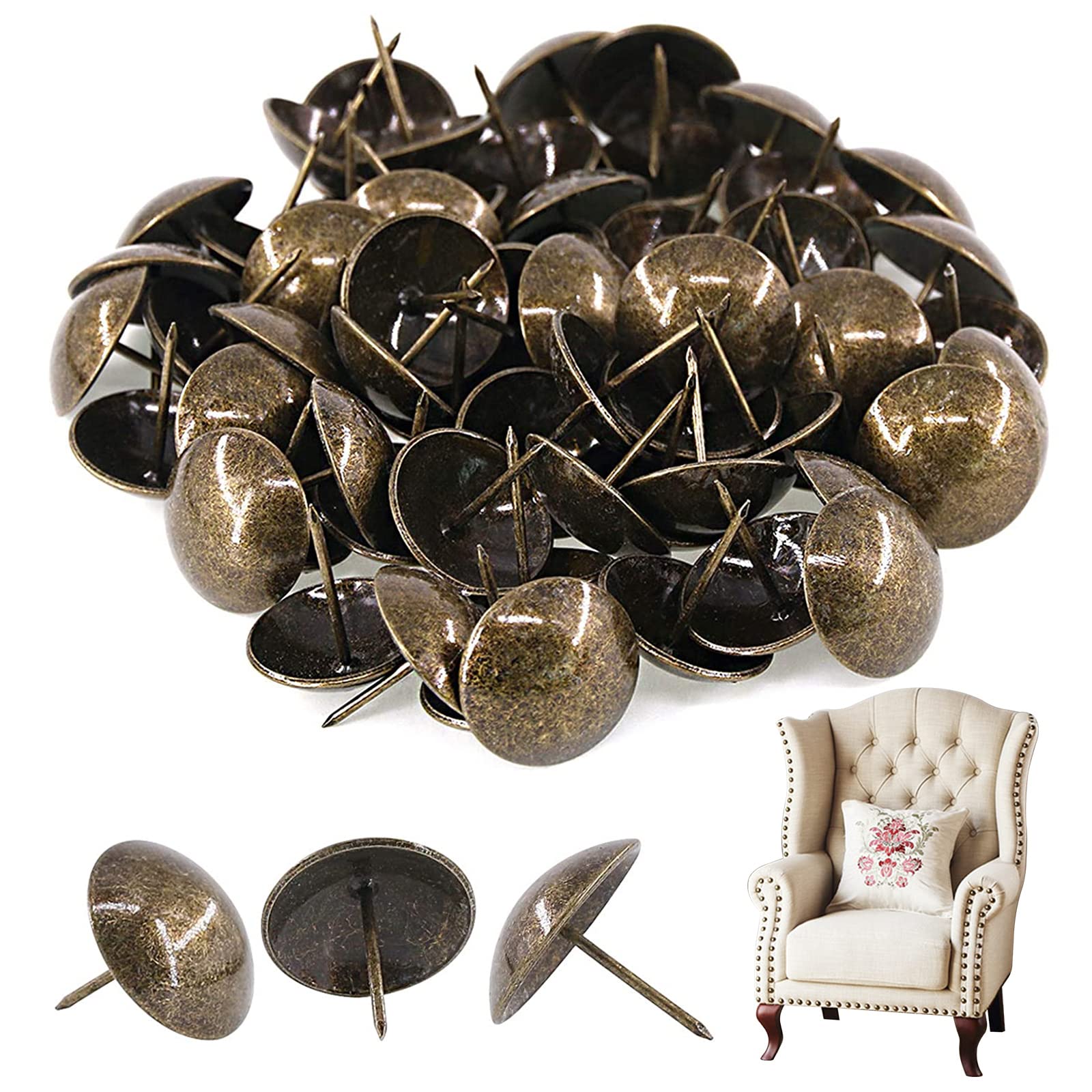 Rustark 60Pcs 30mm × 30mm Antique Upholstery Decorative Tacks Furniture Sofa Thumb Tacks Nails Pins Assortment Kit for Upholstered Furniture Cork Board