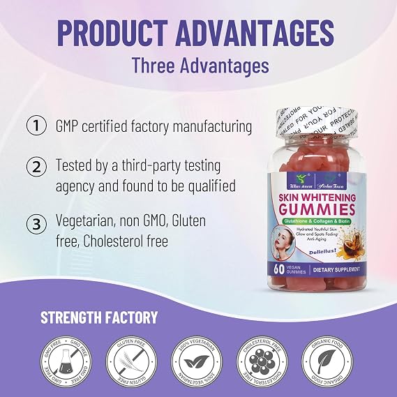 Skin Whitening Gummies, Beauty & Antioxidant, 60 Ct | With I-Glutathione, Collagen & Bioth, Antioxidant & Skin Care, Anti-Aging, Vegan, Delicious