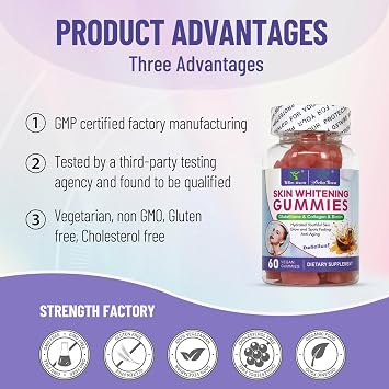 Skin Whitening Gummies, Beauty & Antioxidant, 60 Ct | With I-Glutathione, Collagen & Bioth, Antioxidant & Skin Care, Anti-Aging, Vegan, Delicious