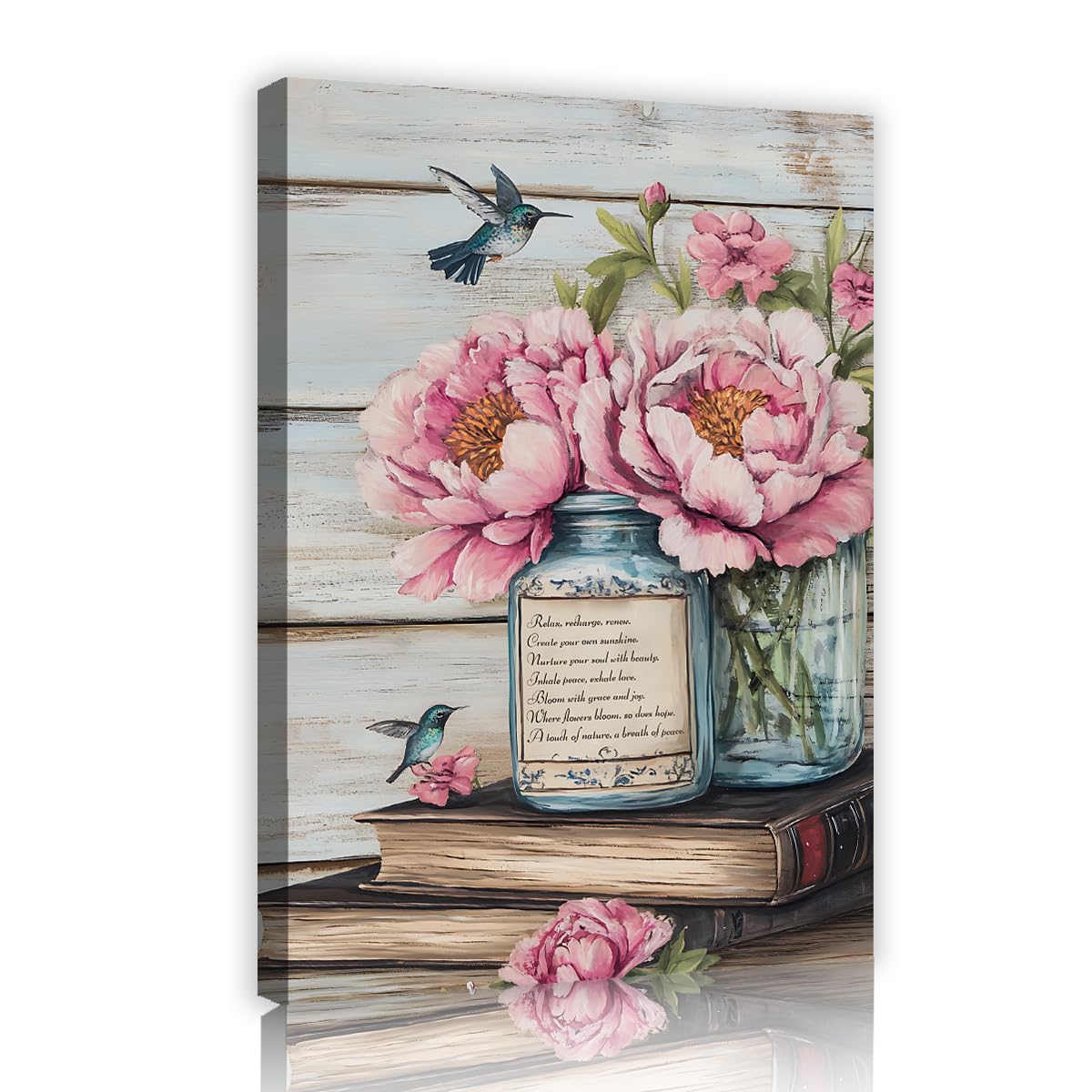 CHERHERART Płótno Wall Art Różowe Piwonie Ilustracje do książki do nauki Słoik Niebieski Kolibry Vintage Malarstwo Drukuje na płótnie do biura 60x90cm Wewnętrzna rama