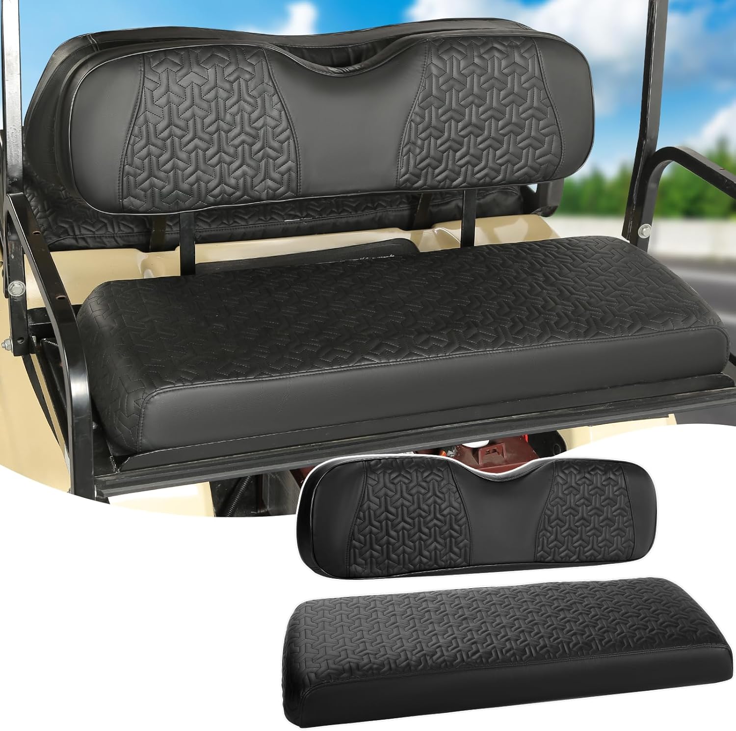 Golf Cart Rear Seat Covers Universal for Club Car Precedent DS/EZGO RXV TXT/Yamaha Drive Aftermarket Standard Back Seat Cushion,Vinyl Leather Replacement Golf Seat Cover No Stapler Needed(Black) For Aftermarket Regular Rear Seat Premium Black