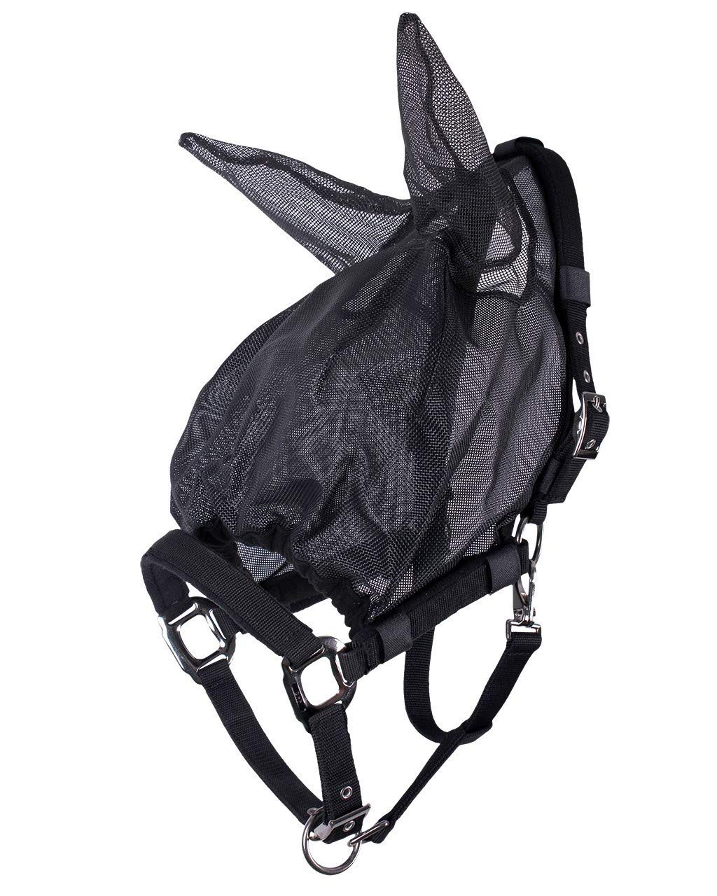 ARBO-INOX Fliegenmaske Pferd – mit Halfter und Ohren – Klettverschluss und Fleece-Polster, Schwarz