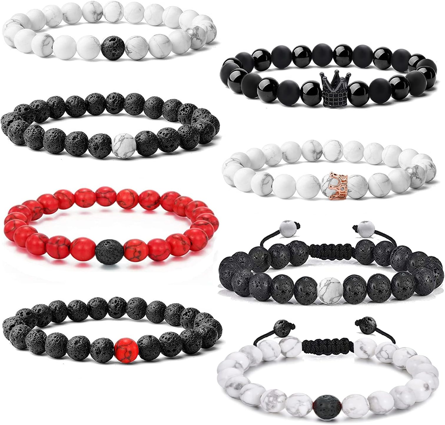 sonnyx8 PCS 8mm Mens Beaded Bracelets Long Distance Couples Matching Howlite Bracelet Matte Lava Rock Beads Bracelet for Women