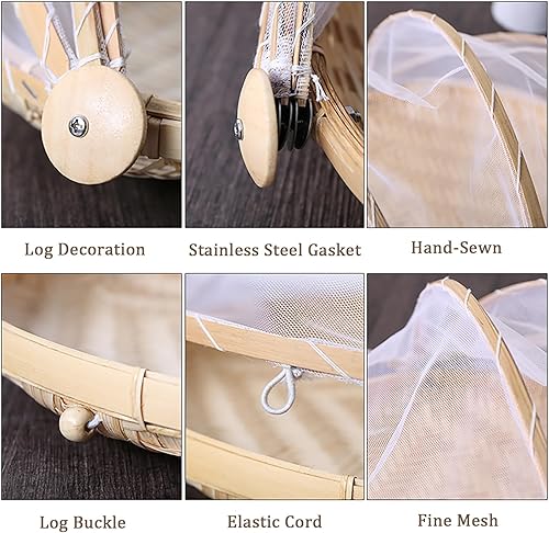 Miniatura 4 de Cesta de bambú para servir alimentos con cubierta, cesta redonda de bambú tejida a mano para pan y frutas con cubierta de malla retráctil para