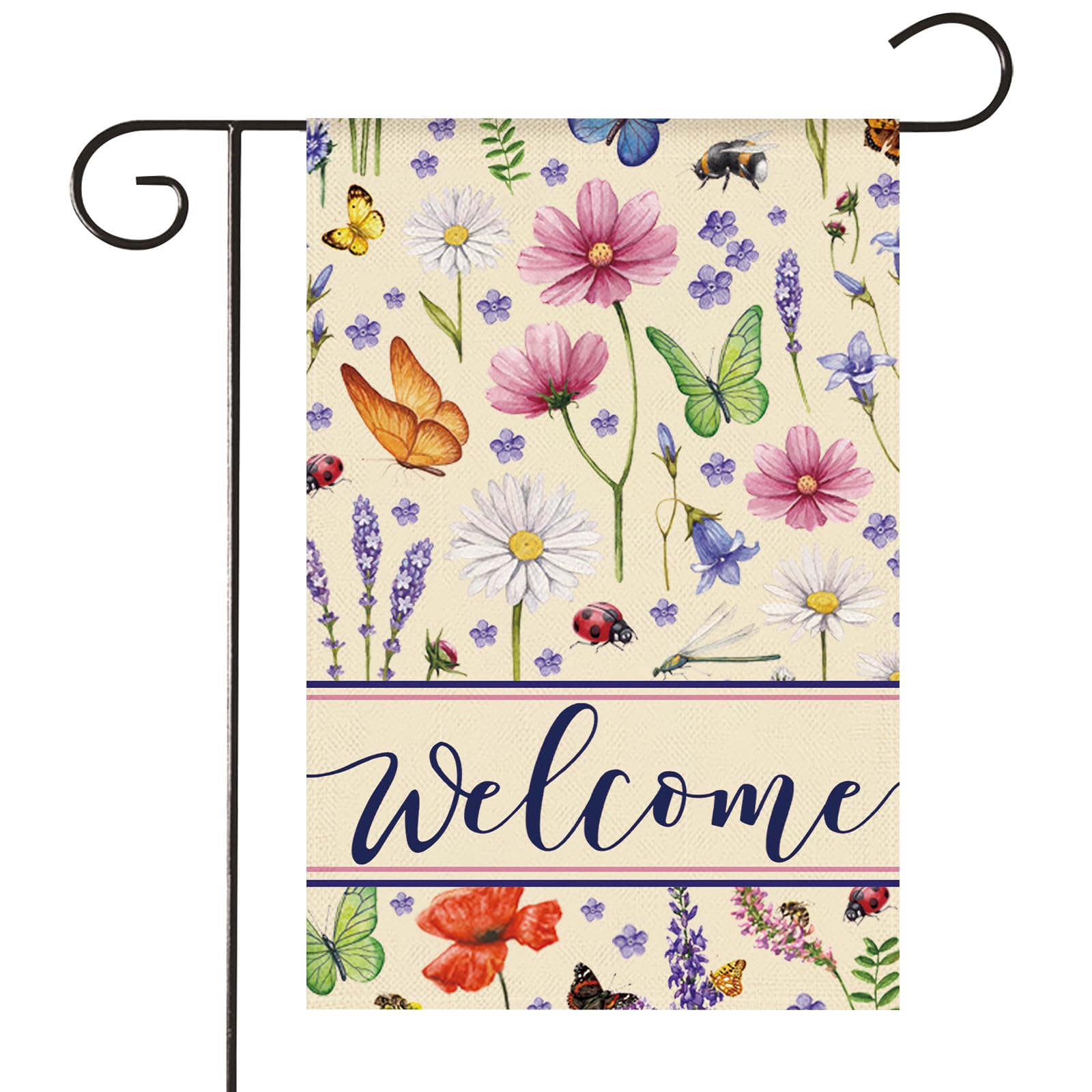 HOMFREEST Welcome Floral Garden Flag 12x18 Inch Double Sided Burlap Outside Spring Summer Butterfly Decorative Small Flag Yard Outdoor Decoration