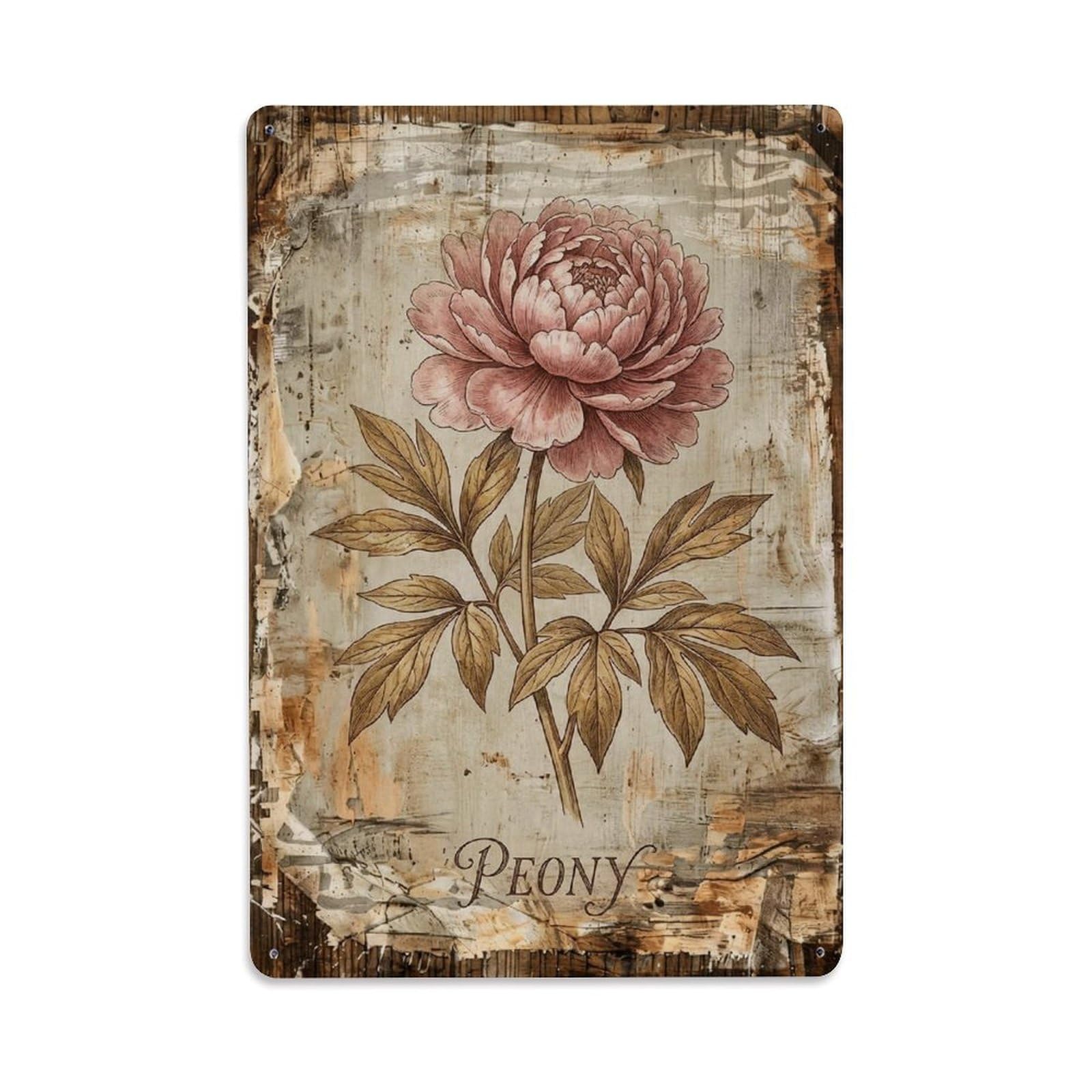 Peony Flower Pink Vintage Metal Tin Sign Plaque Wall Decor for Cafe, Club, Garden Metal Poster 8x12Inch
