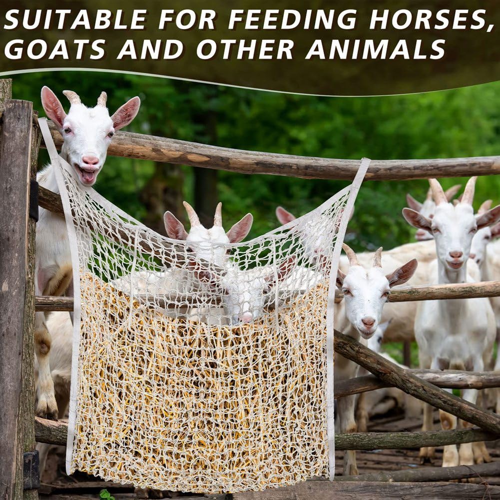 Red de heno de alimentación lenta para caballos y cabras, paquete de 2 bolsas de heno blancas, suministros de alimentación duraderos, reduce los residuos, promueve una alimentación saludable, ideal