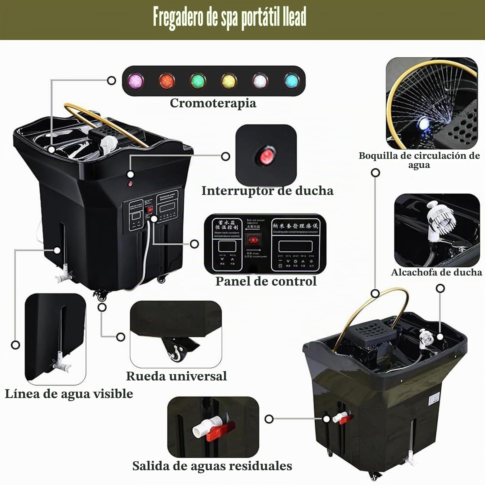 Cabezal De Lavado Extraíble para Salón De Belleza,Lavabo para Champú para Terapia De SPA con Termostato Inteligente Circulación De Agua,Lavabo Champú Circulación Agua con Tanque Agua 60 L