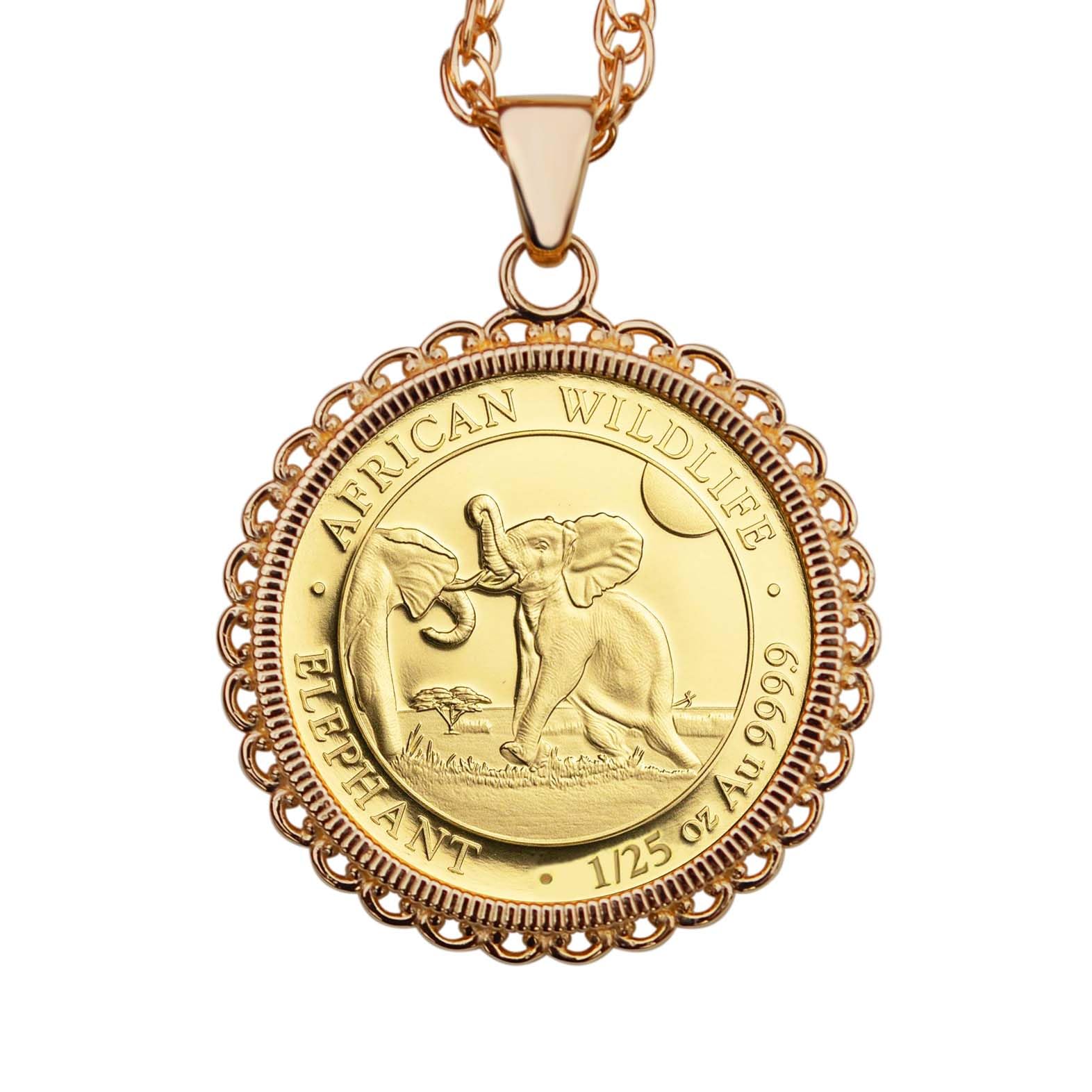 Authentic 2024 Somalia 1/25 oz .9999 Gold African Elephant BU Uncirculated Coin Small Pendant Necklace - 14K Solid Yellow Gold Bezel & 14K Solid Yellow Gold Chain