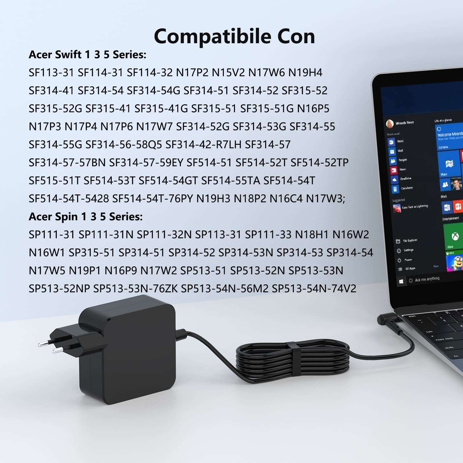 45W Caricatore Acer 19V 2.37A Alimentatore per Acer Swift 3 1 5 SF314-52 SF314-51 SF114-32 SF114-31 SF113-31 A13-045N2A Chromebook 11 13 14 C720 C740 Spin 1 3 5 Caricabatterie Adattatore 3.0 * 1.1mm