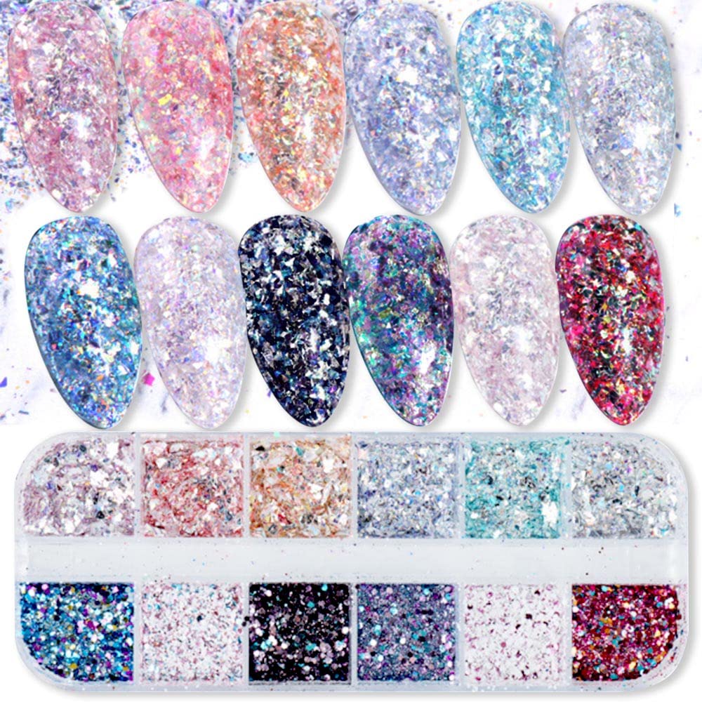 12 Grids Colorful Pearl Mermaid Chrome Nail Powder Foil Sequins for Nail Art Nails Decorations.Purple Pink Glitter Nail Decals Opal Flakes Chrome Nail Powder