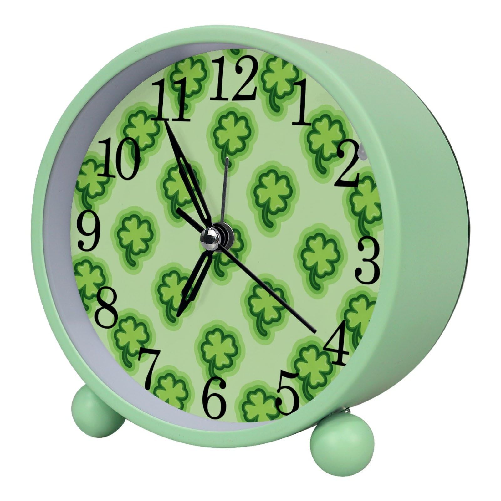 etoenbrc St. Patrick's Day Clover Round Battery Operated Bedside Alarm Clock Non-Ticking Desktop Silent Analog Alarm Clocks with Light