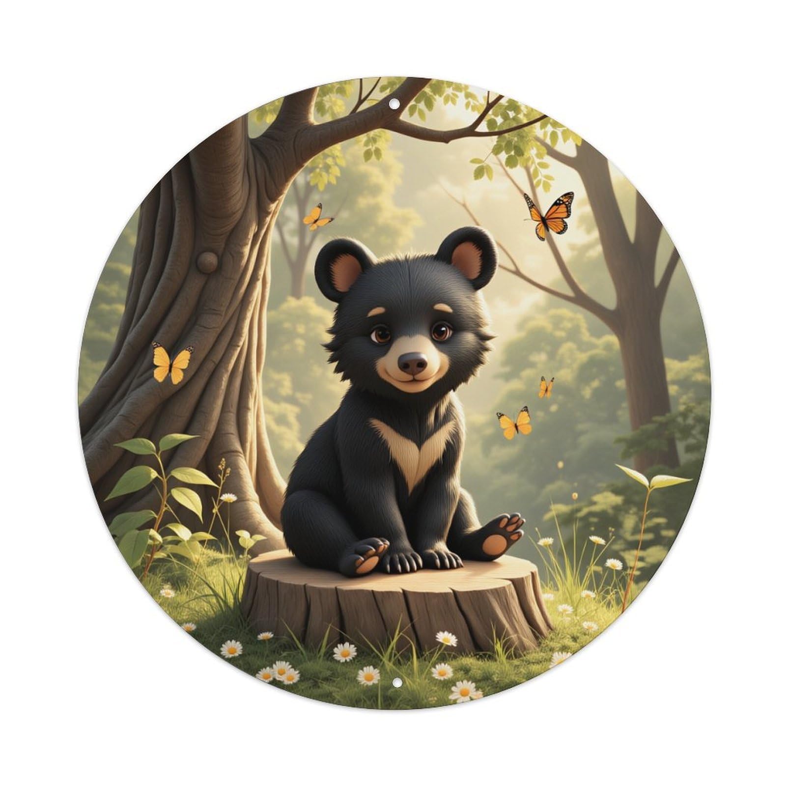 Cute Bear Forest Butterflies Sunlight Round Tin Sign Vintage Metal Poster, Home Bar Garage Man Cave Cafe Indoor & Outdoor Wall Decoration 8x8Inches