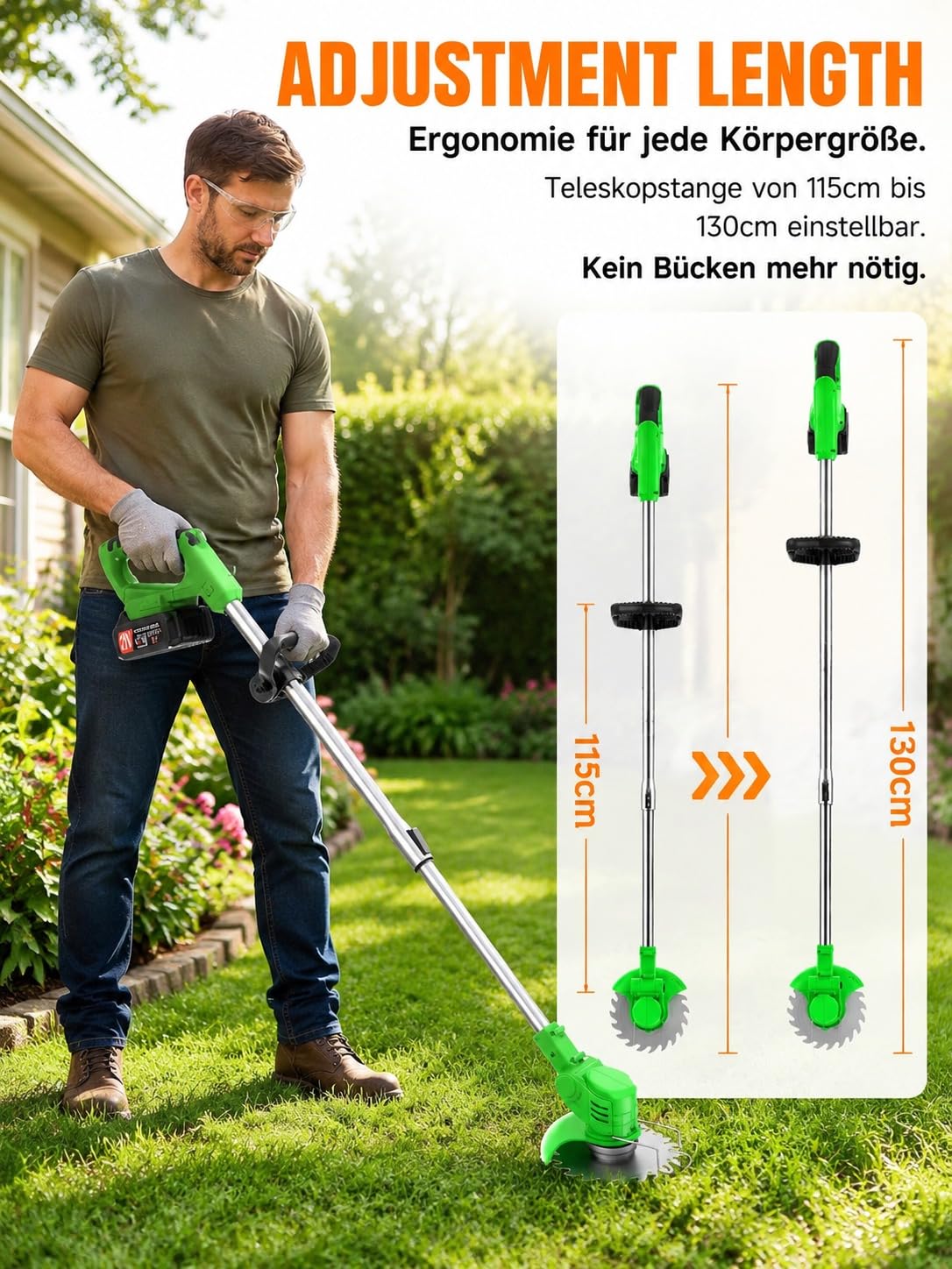 Decespugliatore a batteria, 21 V, con 2 batterie, 4 tipi di lame + 1 cesoie da potatura, manico telescopico regolabile, per giardino, prato, bordi del marciapiede