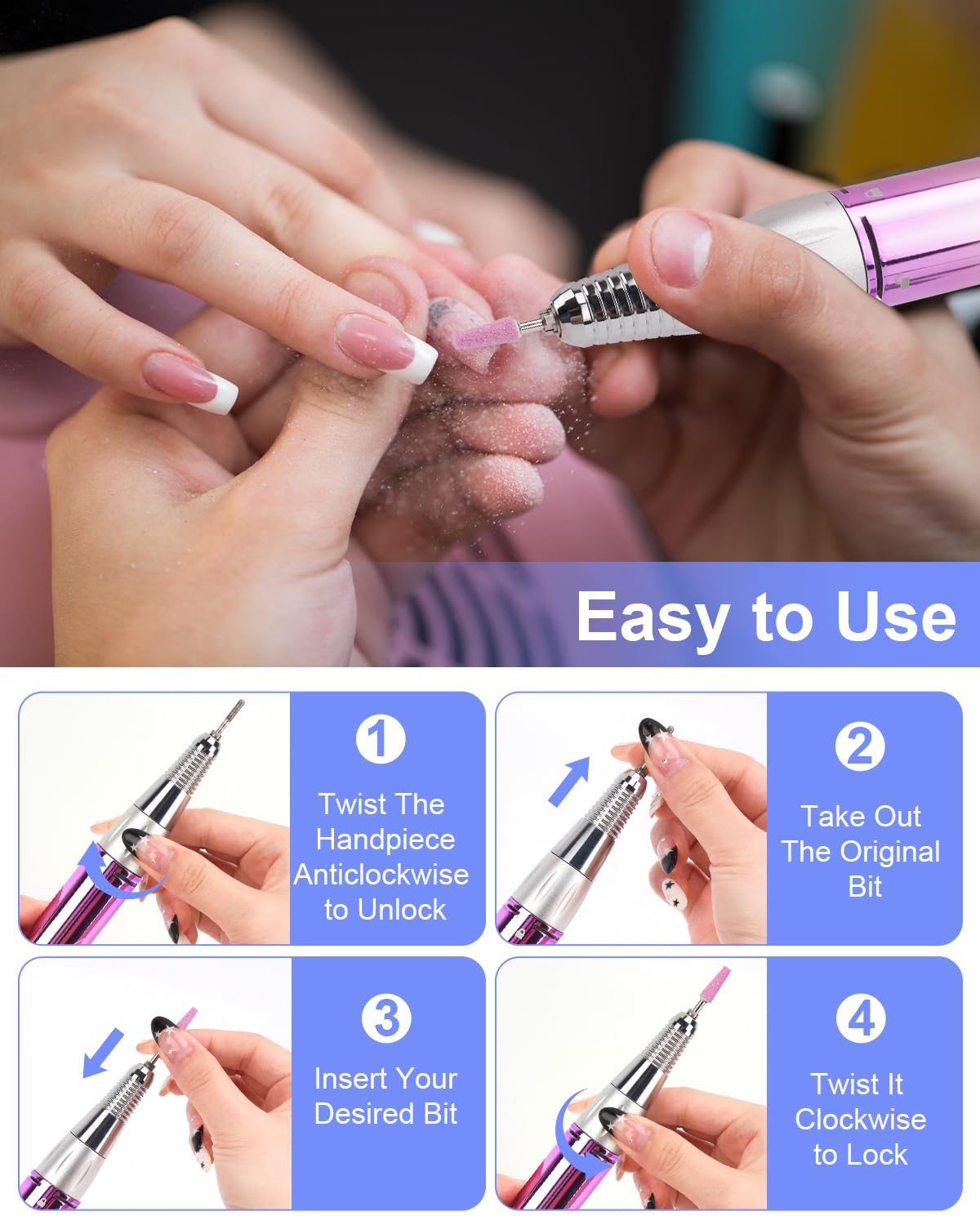 Electric Nail Drill Professional: Rechargeable Nail File with Bits for Acrylic Gel Nails, Professional Nail Drill Manicure Pedicure Polishing Shape Tools for Home Salon (Purple)
