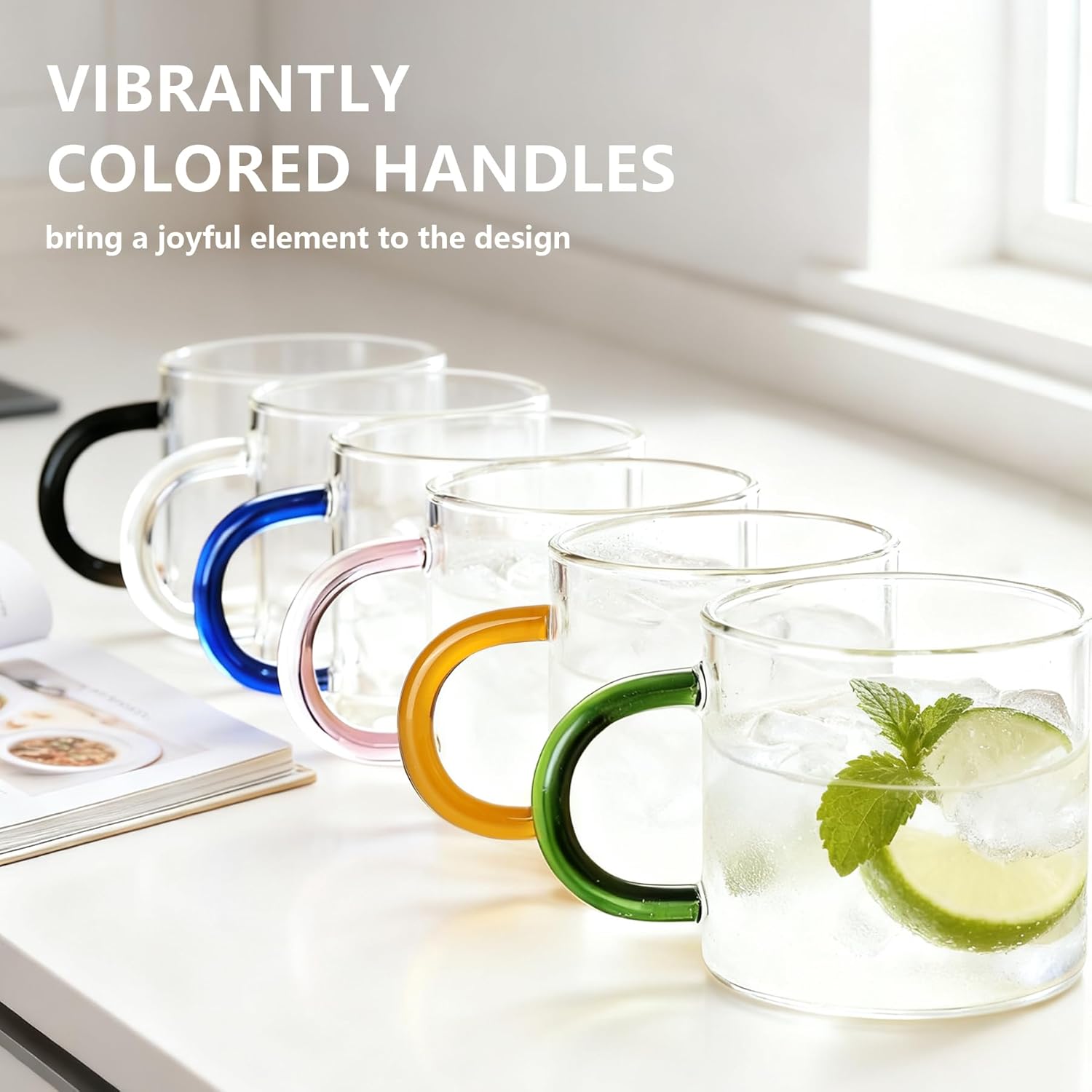 Glass Coffee Mugs with Handle - 10 OZ High Borosilicate Glass Coffee Cups - Transparent Tea Cup for Hot Cold Beverages, Glassware Set for Americano, Latte, Cappuccino (Pastel Handle) - Image 3