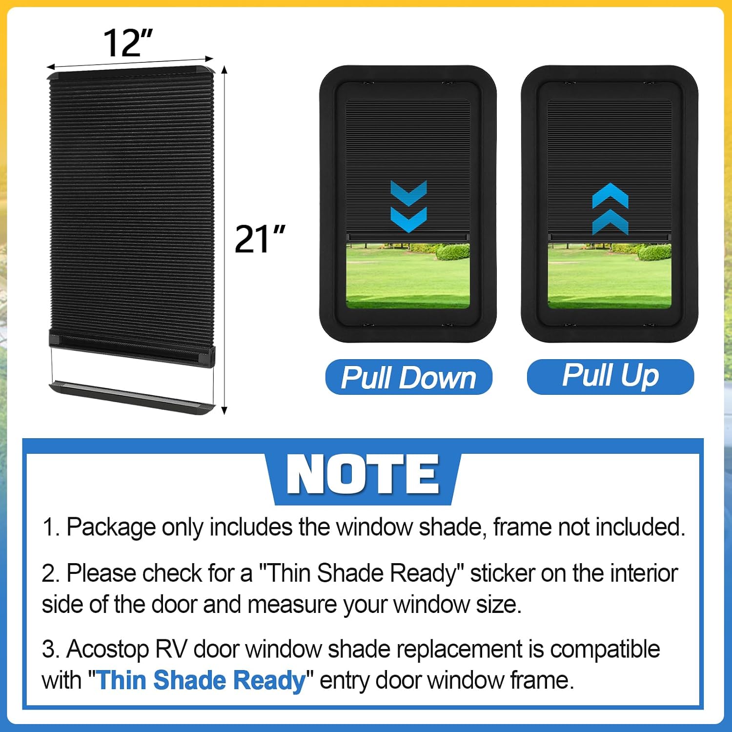 12'' x 21'' Double‑Layer Cellular RV Entry Door Window Shades Replacement for 16"x 25" Prepped Frame - UV Blocking & Heat Insulation Ready Window Blinds for Campers Travel Trailers Accessories thumbnail
