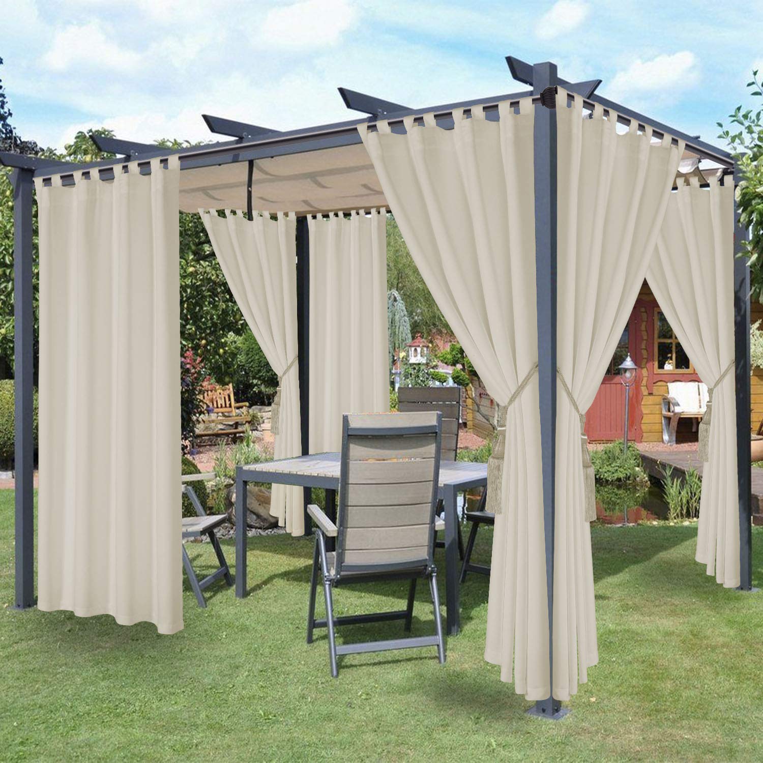 LORDTEX Waterproof Blackout Curtains for Patio, Thermal Insulated, Sun Blocking Detachable Sticky Tab Top Curtains for Bedroom, Porch, Pergola, Cabana