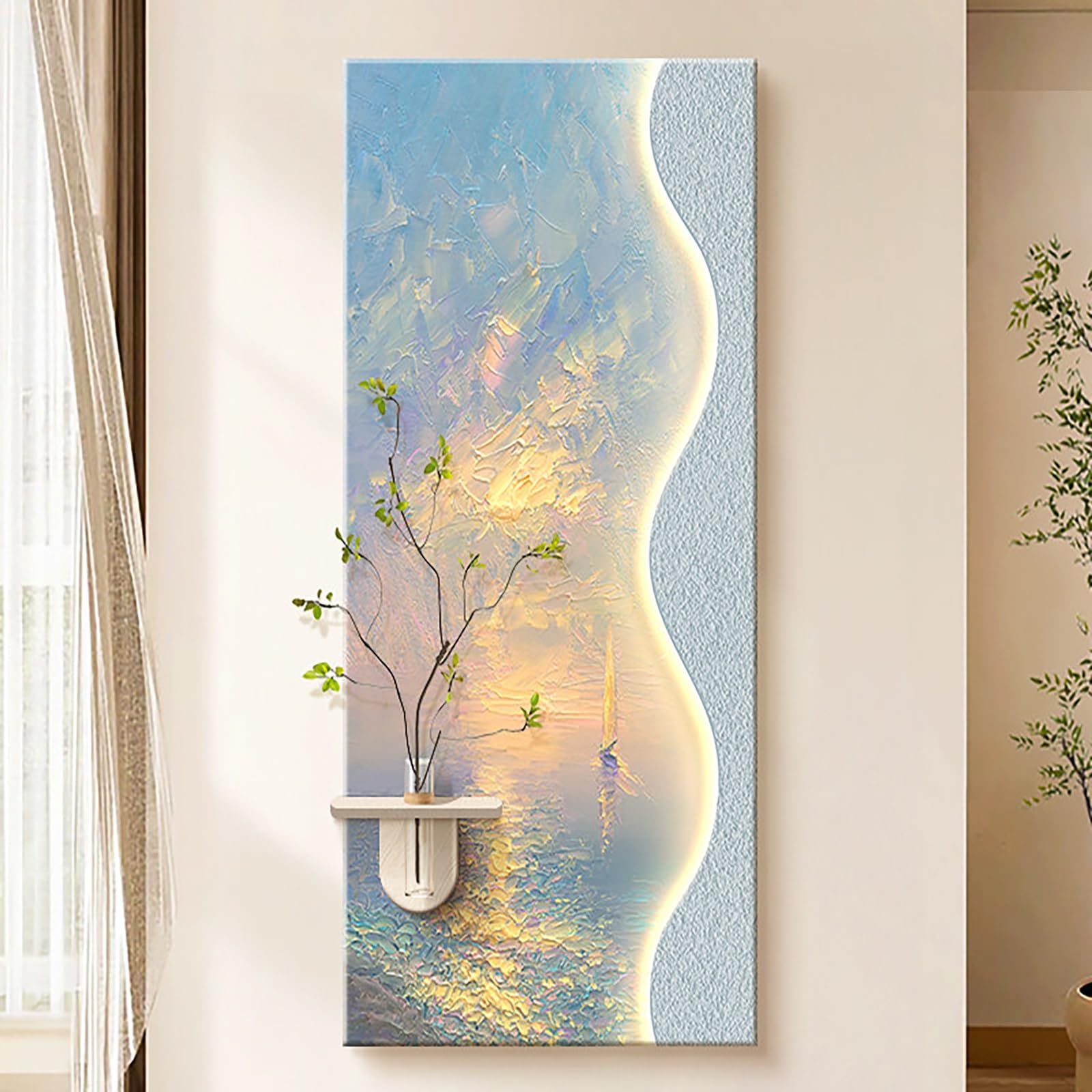 ZCQMSCWW 3D LED Wall Art Painting, Illuminated Borderless Design with Integrated Glass Vase Plug-in Power Vertical Hanging for Living Room Bedroom(D,120 * 60cm/47.2 * 23.6in)