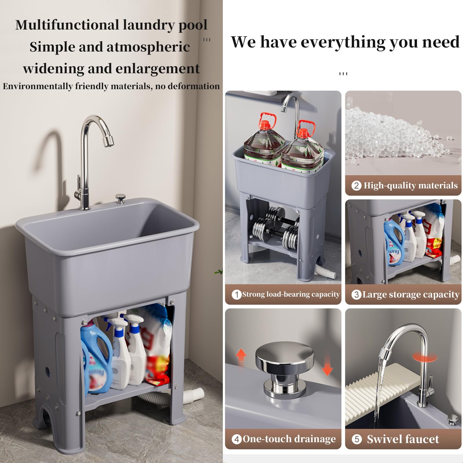 Lavandino con lavabo, mensola e rubinetto, in plastica resistente, per garage, lavanderia, esterni, lavaggio animali domestici e giardinaggio, stazione di lavaggio versatile