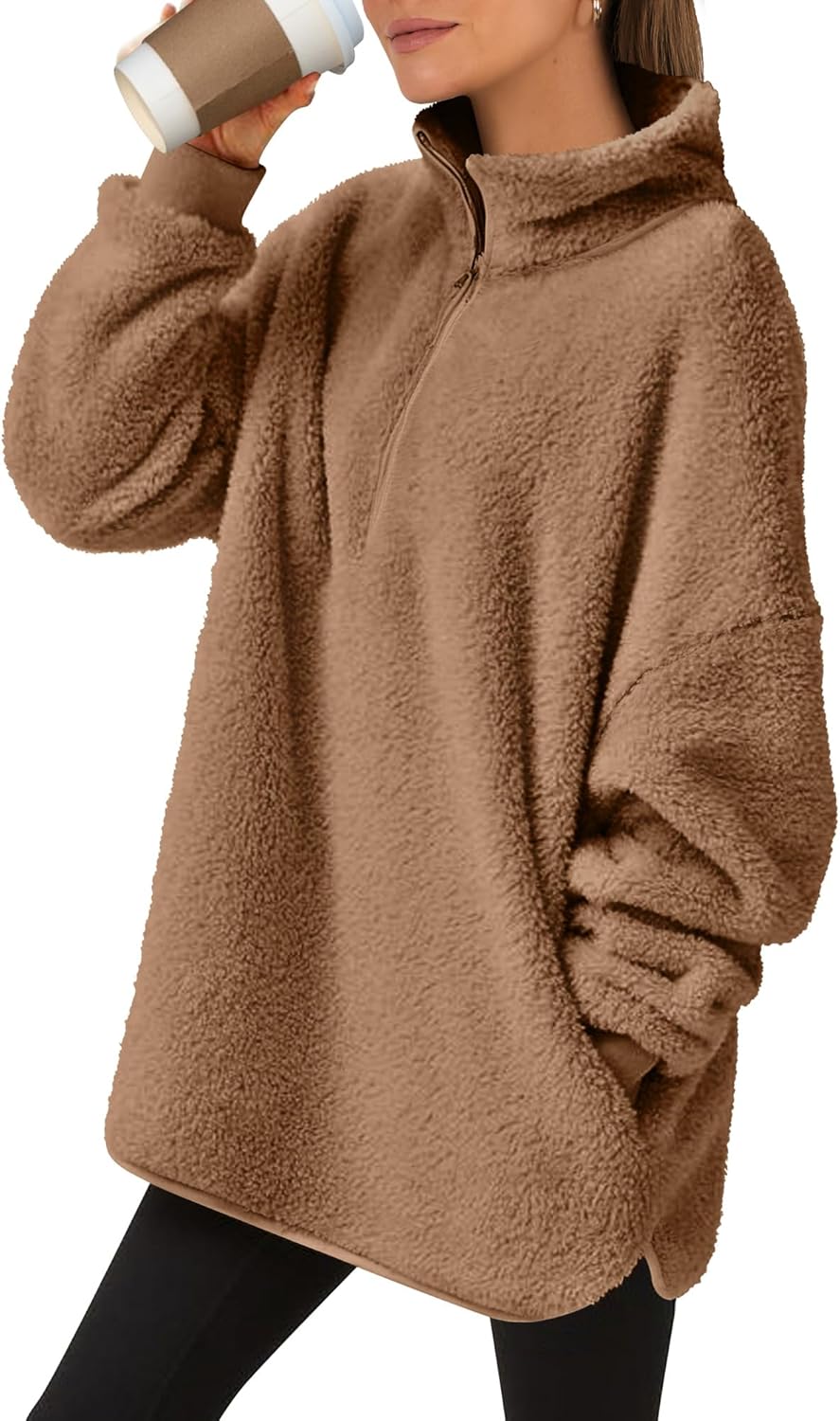 ANRABESS Women's Sweatshirt Sherpa Fuzzy Fleece Zip Up Hoodies Cozy Pullover Soft Sweaters Tops 2025 Fall Trendy Clothes Brown Large