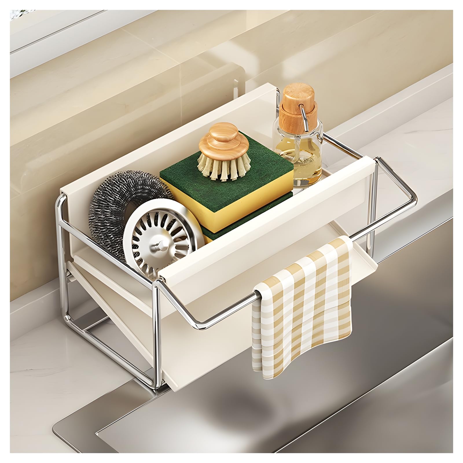 GRKJGytech Kitchen Sink Sponge Rack, Self Draining Kitchen Sink Storage Rack, Rust-Proof Stainless Steel Dish Sponge Storage Rack (with Dish Cloth