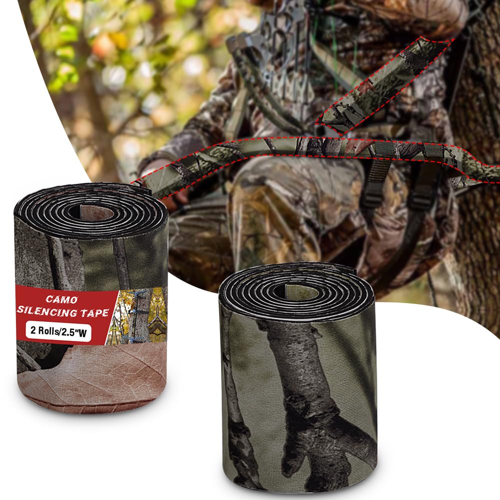 Camo Silencing Tape, 2 Rolls Camouflage Self Adhesive Tape Silencing Protective Fabric Strip Wrap Stick for Quieting Outdoor Metal Hunting Camouflage Gear and Accessories, 2.5