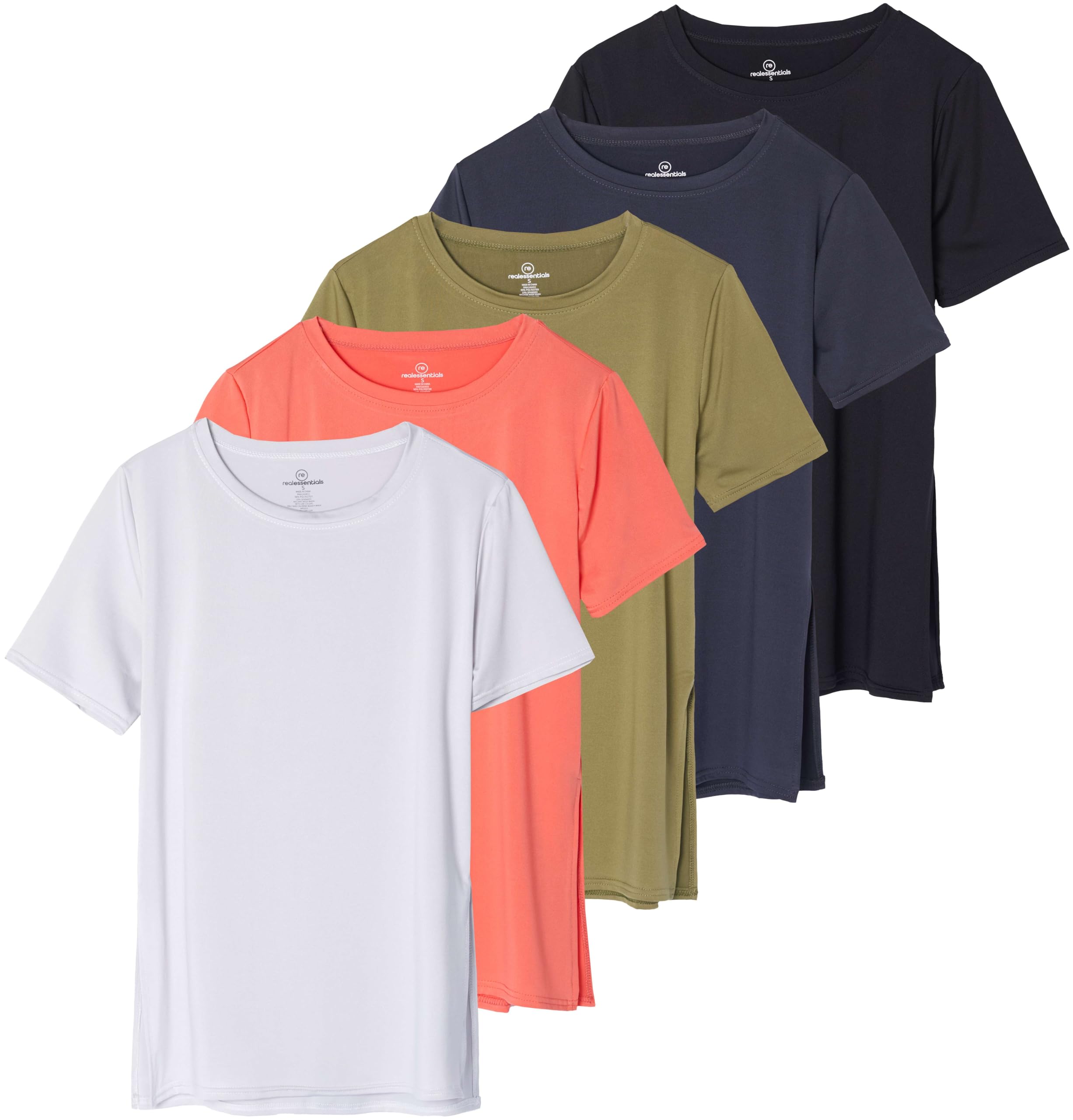 Real Essentials 5 Pack: Women's Short Sleeve Active Workout T-Shirts - Dry Fit Gym Tops with Split Hem (Plus Sizes)