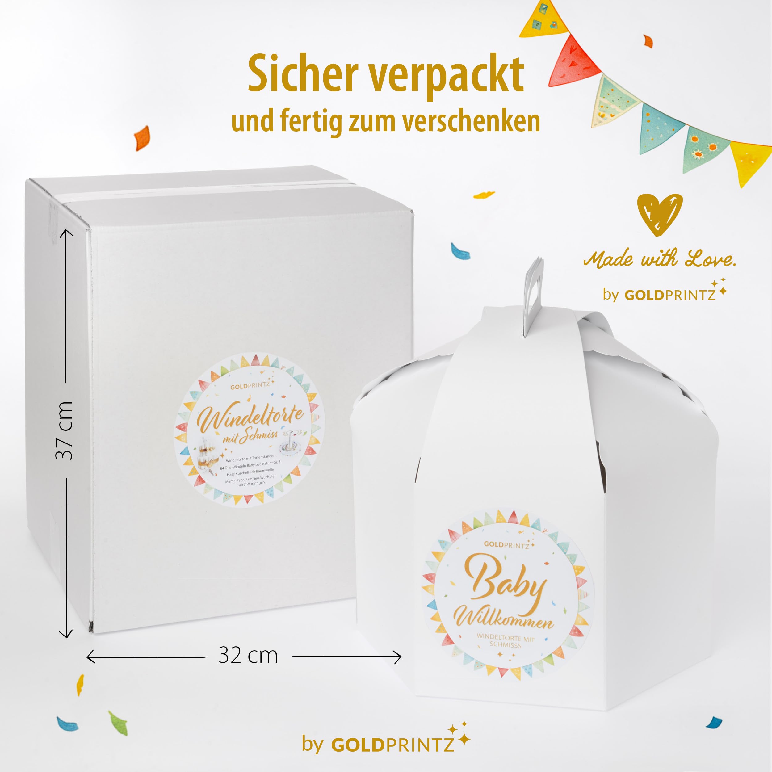 Windeltorte Mädchen und Windeltorte Junge - Einzigartige Baby Windeltorten mit kreativem Wurfspiel am Tortenboden als Geschenk zur Geburt für Baby UND Eltern ausgefallene Geschenke Geburt