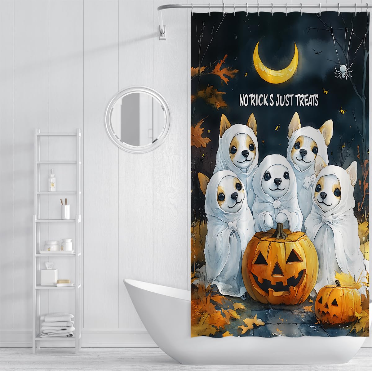 Cortina de Ducha Cachorro Lindo Halloween Luna Calabaza 180x200cm