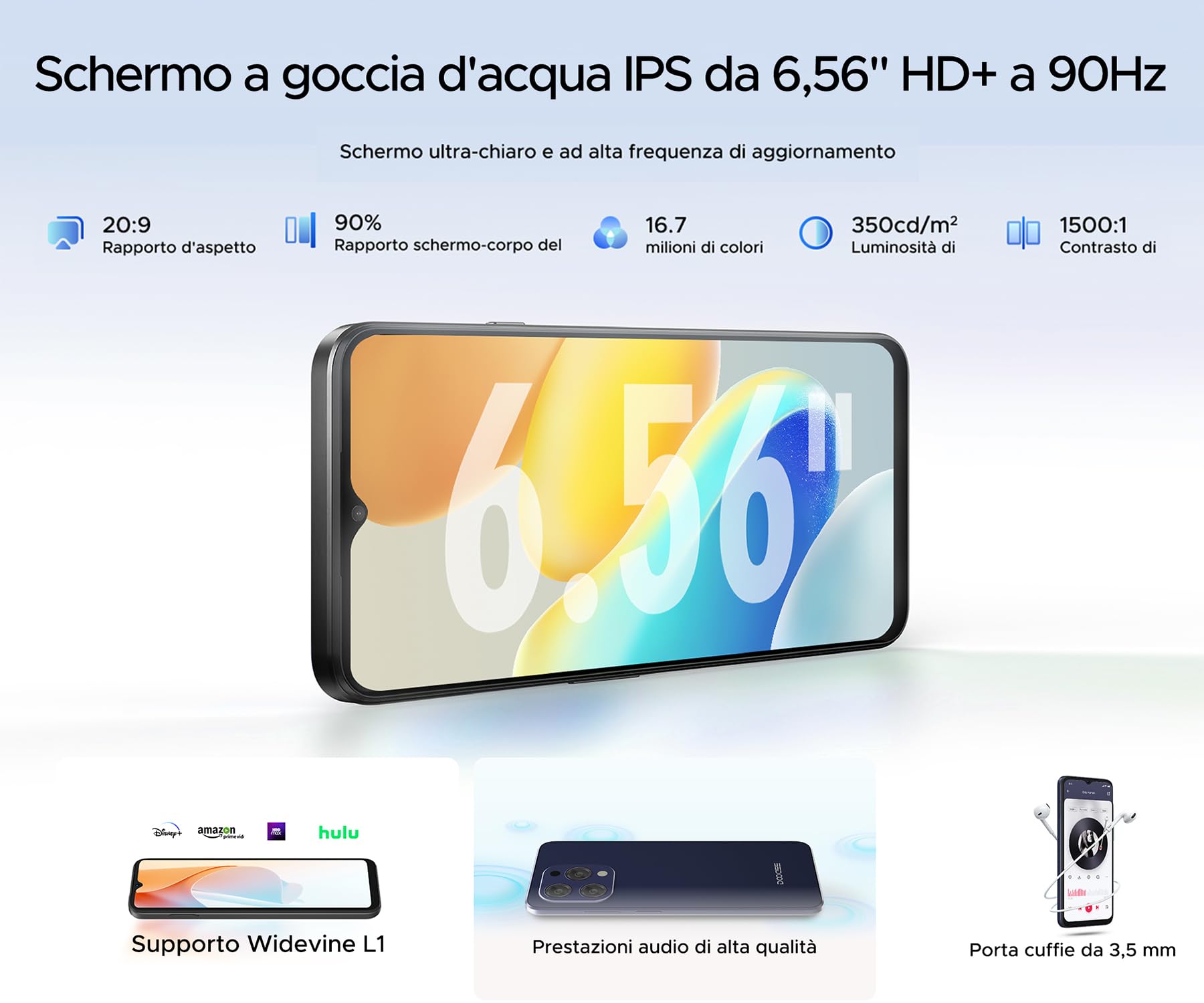 DOOGEE N55 Smartphone Android 14, 6.56 Pollici HD+ Display, 9GB RAM+128GB ROM/Espandibile 1TB, Octa-Core, 5150mAh, 13MP+8MP Fotocamere, 4G Telefono Cellulare Dual SIM, Face ID, GPS, OTG, Nero