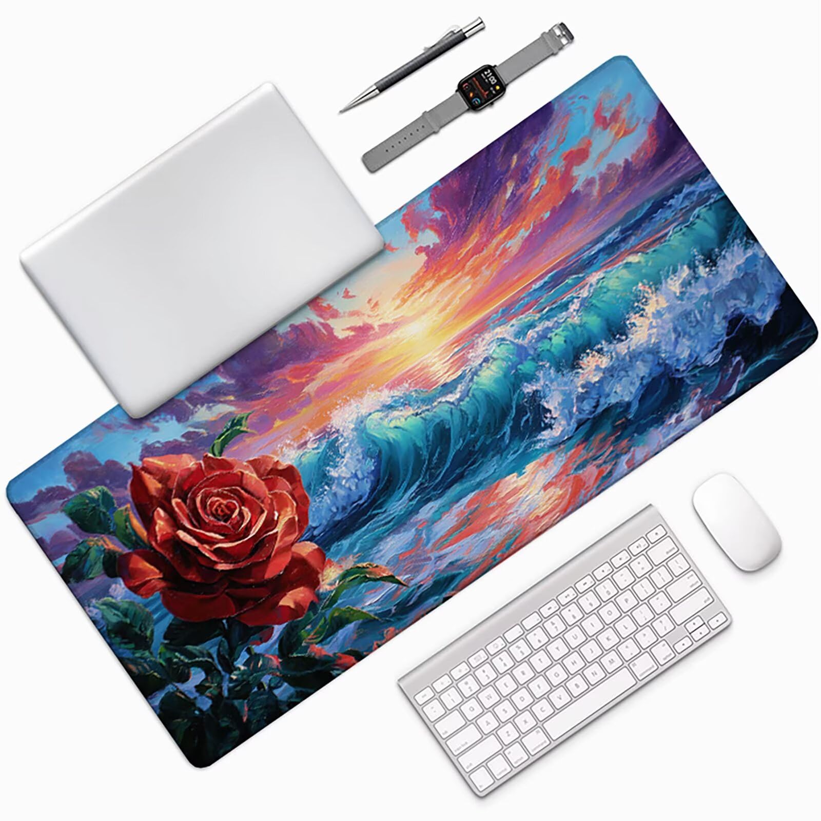 Azul Alfombrilla Ratón XXL 1500x800x3 mm Grande Alfombrilla Ratón Gaming Olas del Mar Art con Bordes Cosidos Diseño, Base de Goma Antideslizante Mouse Pad para PC Gaming Protector Escritorio z-5674