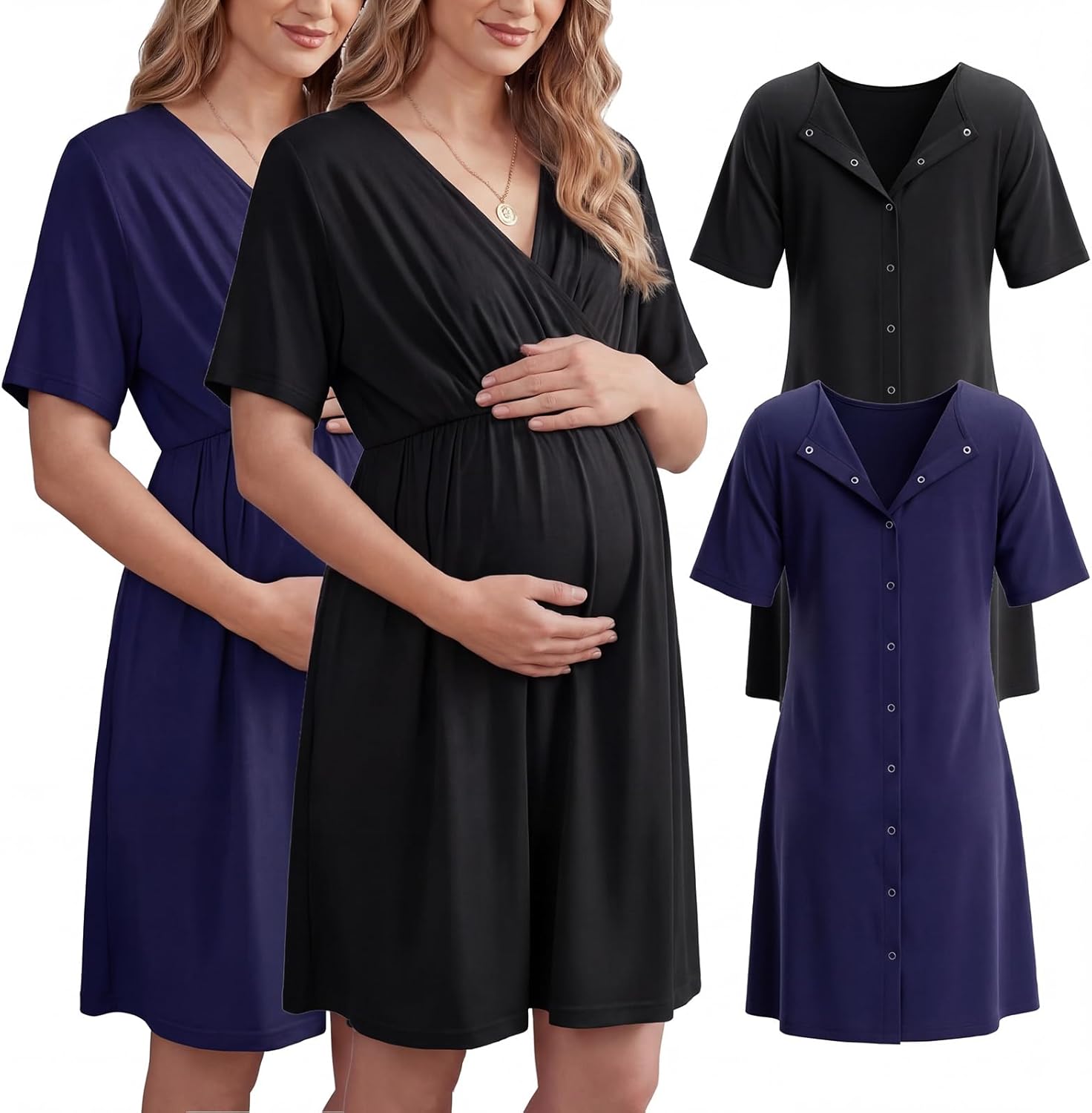 2 Pack Labor and Delivery Gown for Hospital Maternity Nursing Short Sleeve Gown Button Back Birth Recovery Sleepwear