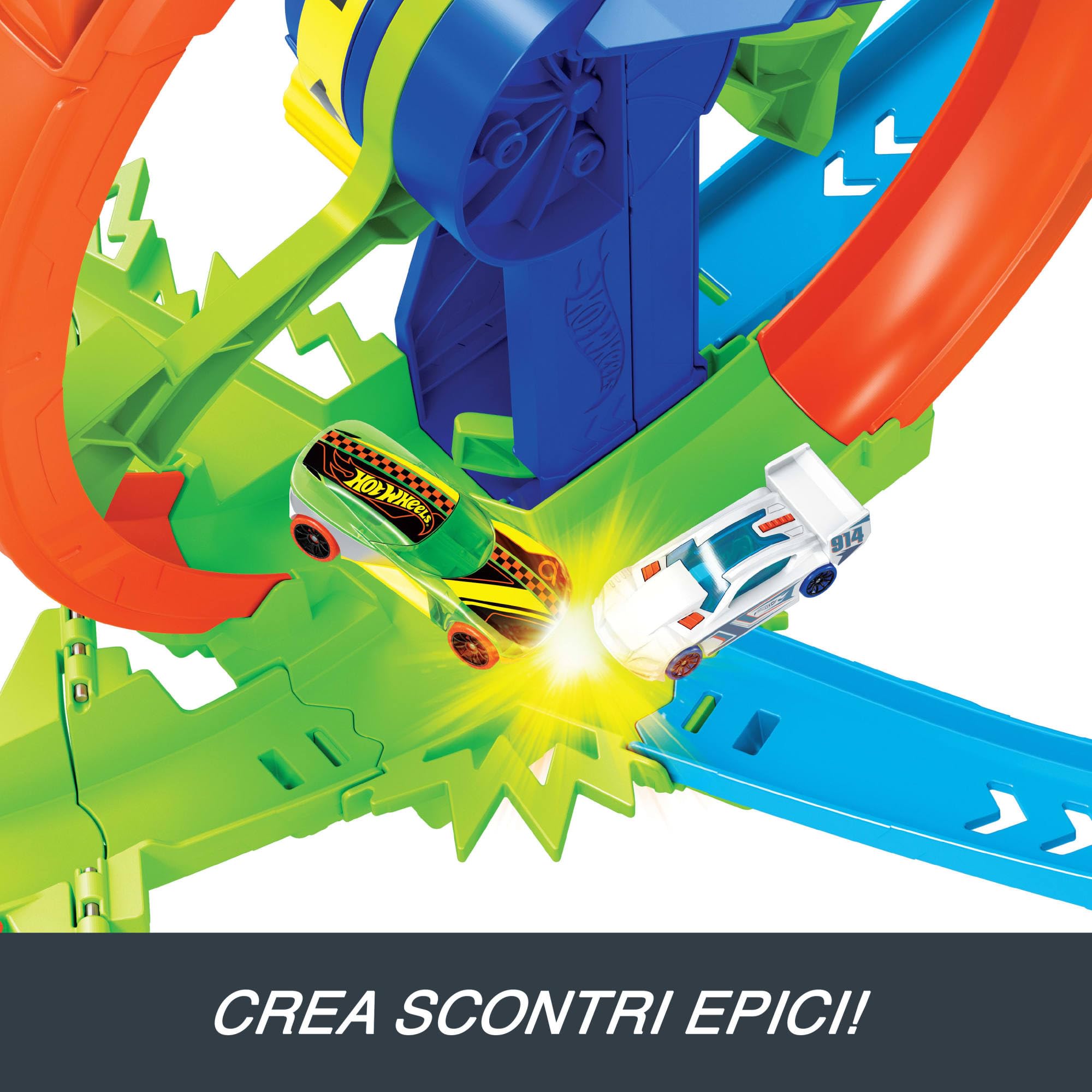 Hot Wheels - Pista Loop Rotante, playset con zona scontro su pista a forma di 8 e loop a propulsione, include una macchinina in scala 1:64, giocattolo per bambini, 3+ anni, JBX65