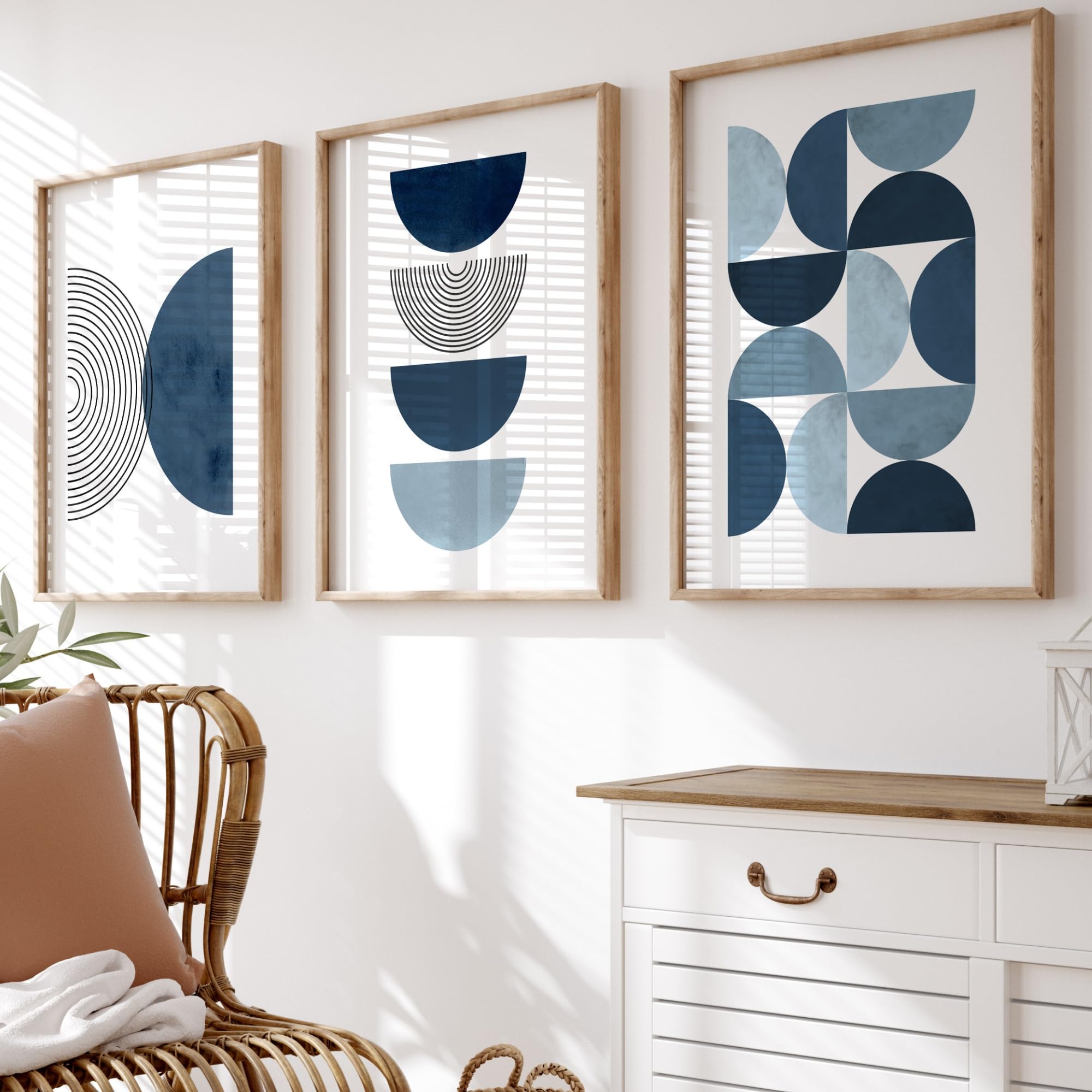 Set of 3 Wall Art Prints | Navy Blue Wall Art | Mid Century Home Decor | UNFRAMED | A3, A4 (A3)