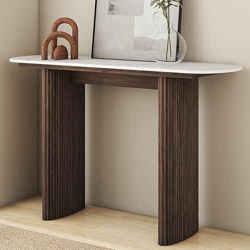 47.24" Walnut Console Table with Sintered Stone Top, Fluted Solid