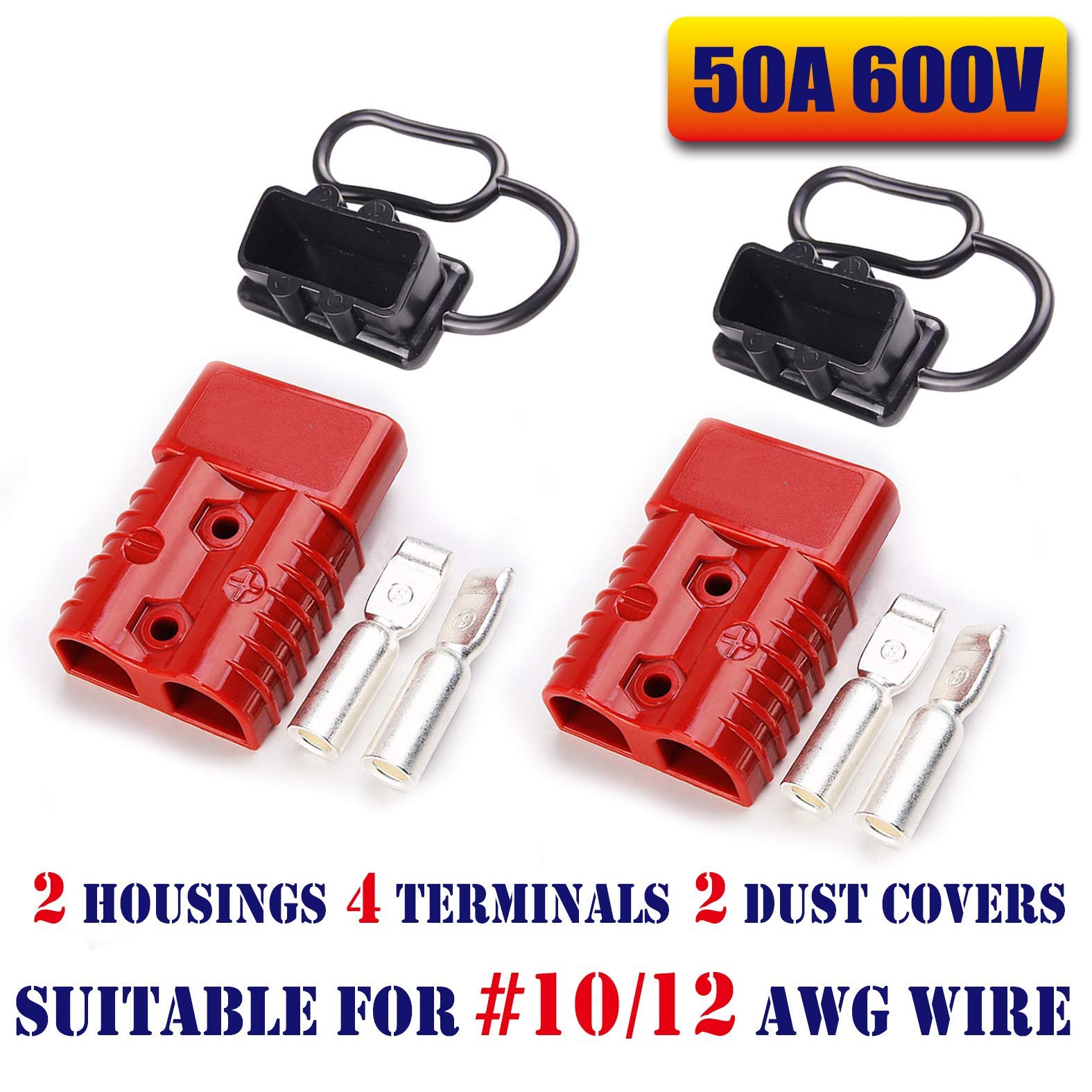 50Amp Anderson Compatible 2 Pole Power Connector Plug Red w/Terminals for #10/12 AWG Wire[2 housing+4 Terminal pins+2 dust Covers] (pin for #10/12 awg Wire, Red)