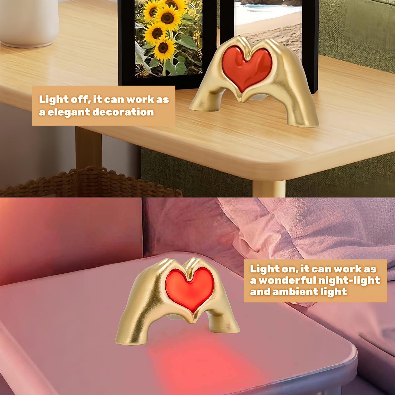 Heart Hand Sculpture with Light, Love Heart Statue Gold Aesthetics Decor for Living Room Bedroom Shelf Coffee Table Dining Table Centerpiece, Birthday Valentine Memorial Gift for Women Mom Girls