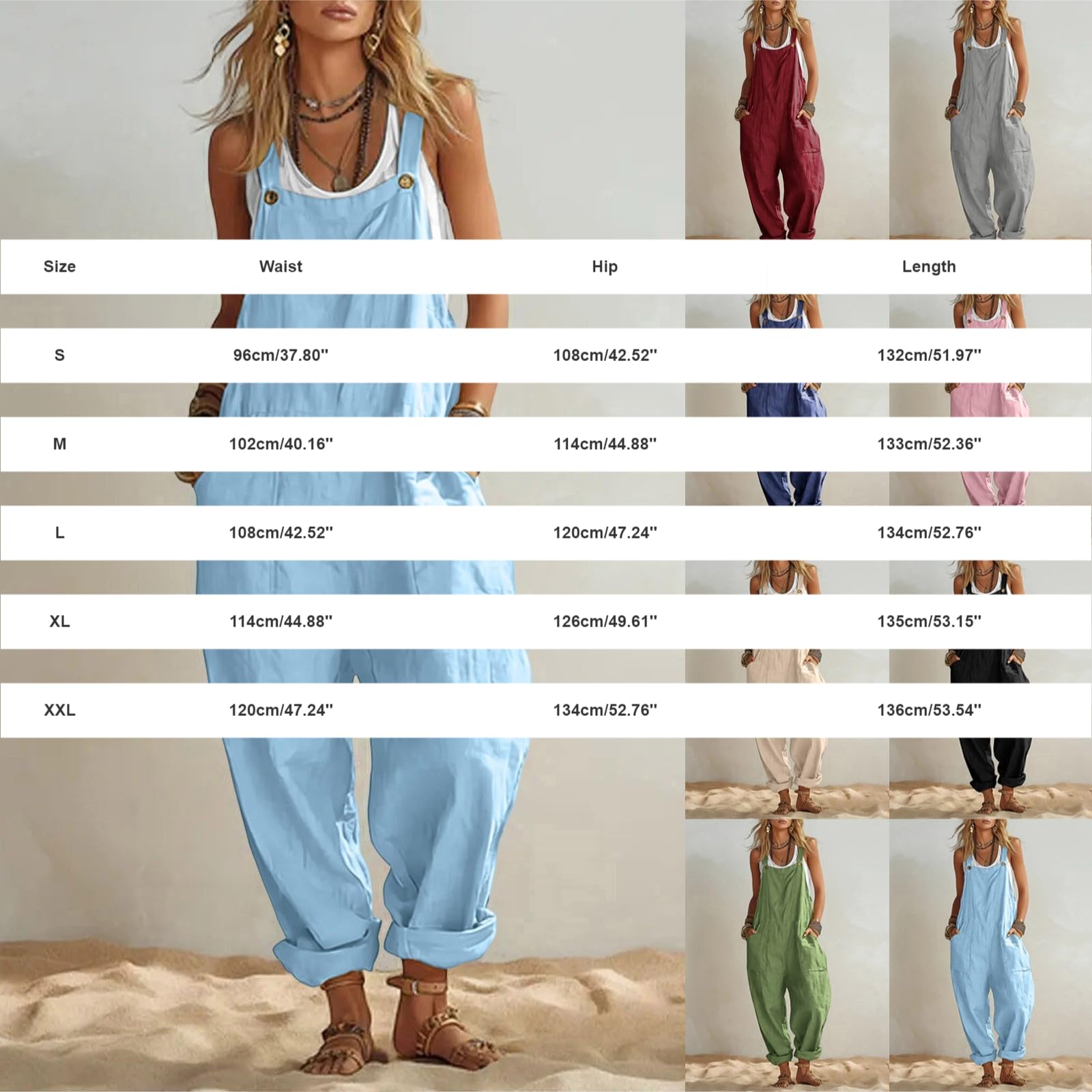 Salopette estive da donna a gamba larga, con tasche | Pantaloni estivi traspiranti, eleganti, senza maniche, per vacanze e uso quotidiano