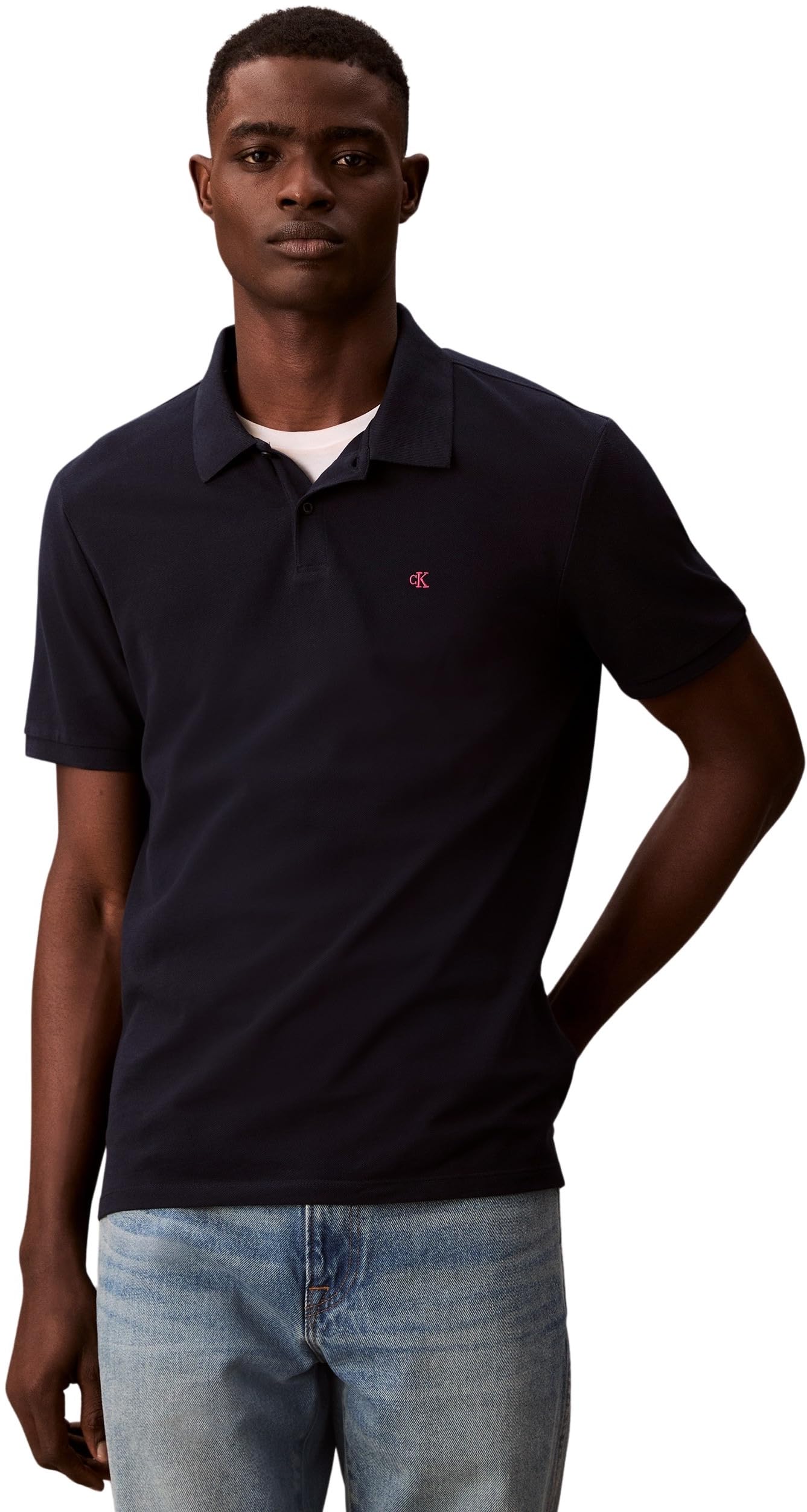 Calvin Klein Men’s Short Sleeve Monogram Pique Cotton Polo Shirt, Blue (Dark Sapphire), L