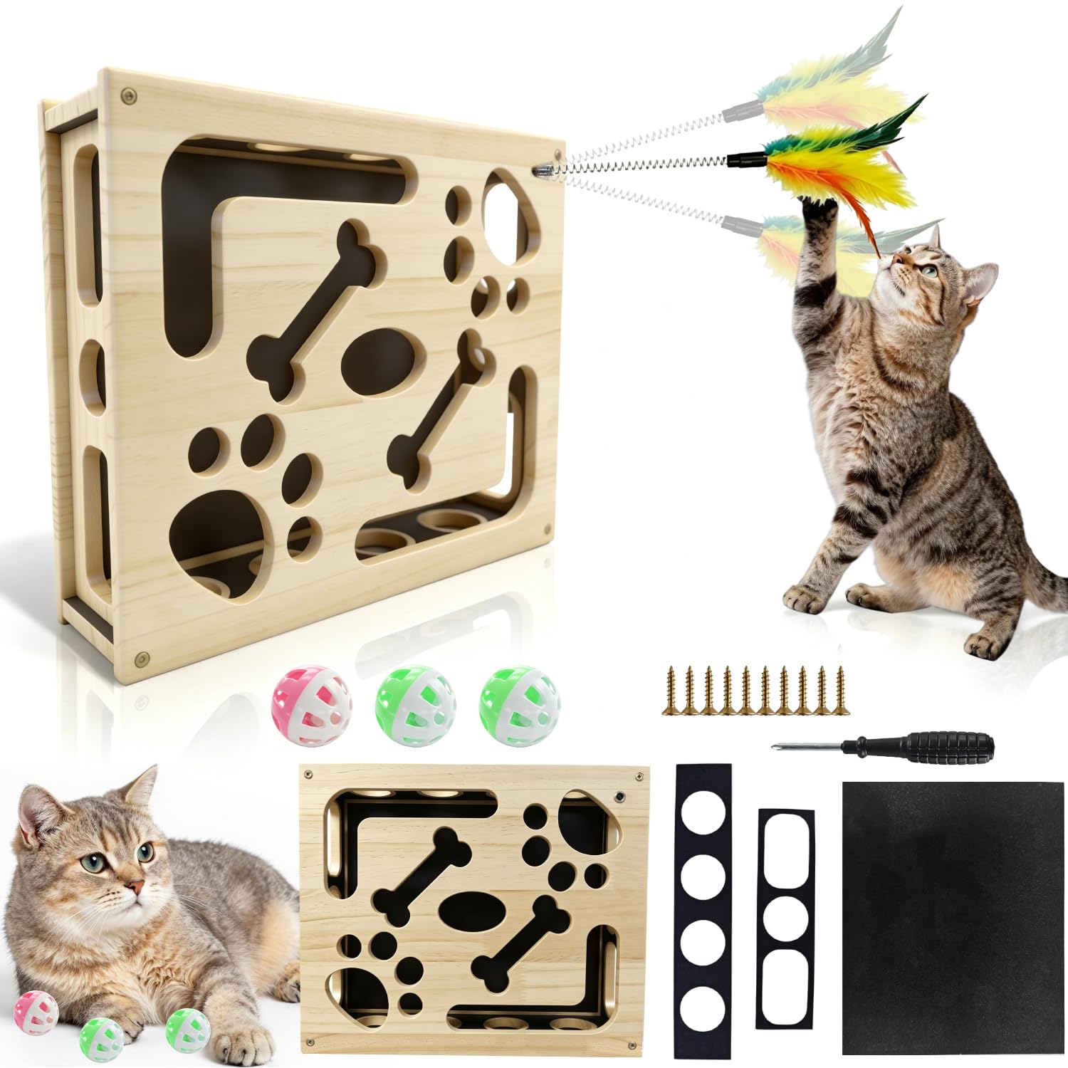 Giochi Interattivi per Gatti in Legno Massello 2 in 1 con Carta Abrasiva | Giochi Gatto Tiragraffi Cartone Gioco Gatto con Carta Abrasiva Bacchetta di Piume Tre Palline Sonagli Dimensione 30X25X7,8 cm