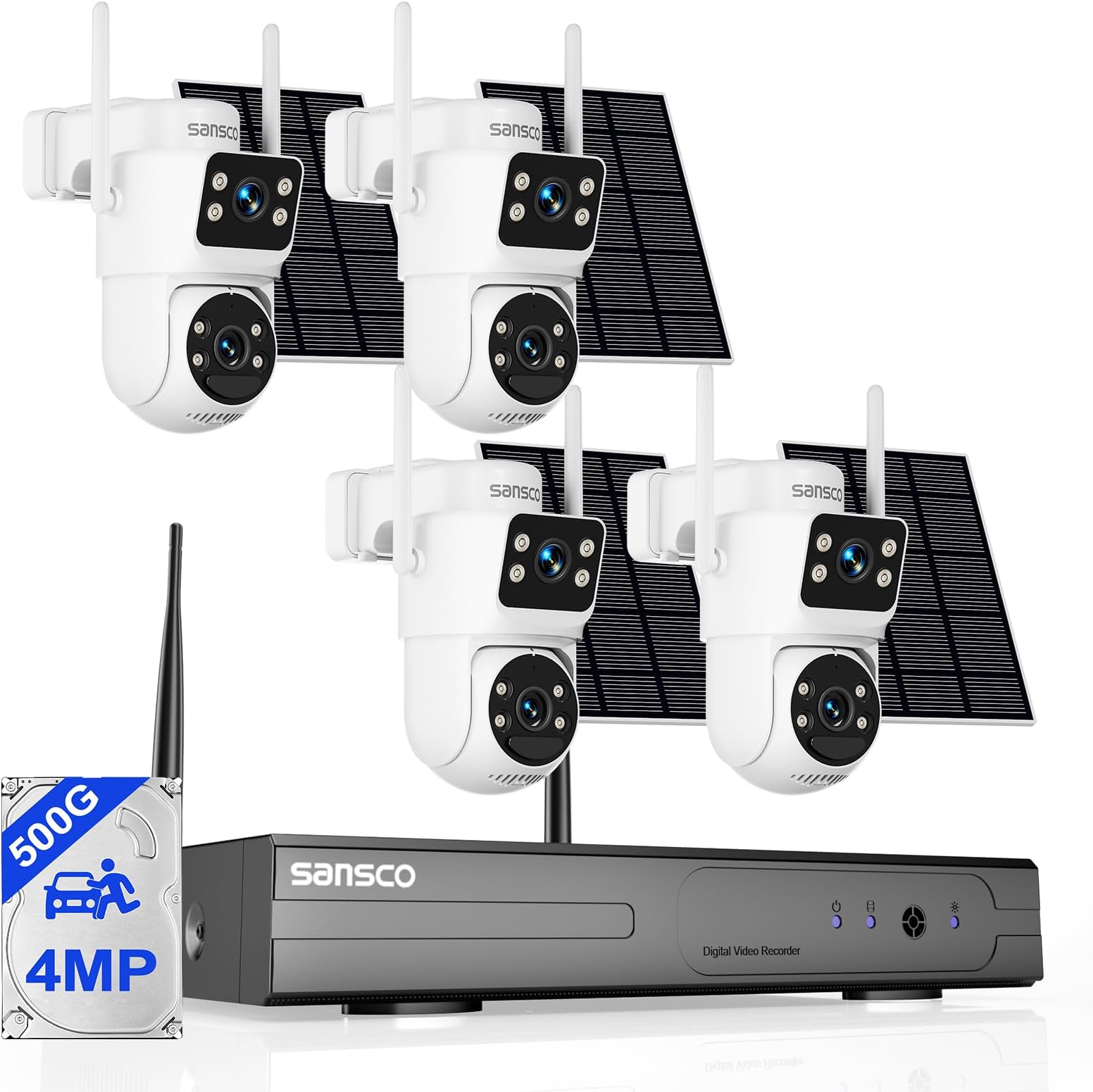 SANSCCO 4MP Dual Lens Solar Camera Wireless Outdoor, CCTV Security Camera System 10CH NVR 500GB Hard Drive, 4x PTZ Battery Powered Camera, 360° View, Human Detection, Colour Night Vision, 2-Way Audio
