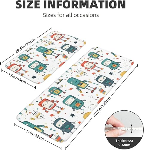 Miniatura 3 de Antifatigue Kitchen Mats for Floor 2 Piece - Cute Colorful Robot Print Kitchen Rugs Washable, Non Slip Runner Rug Standing Mat for